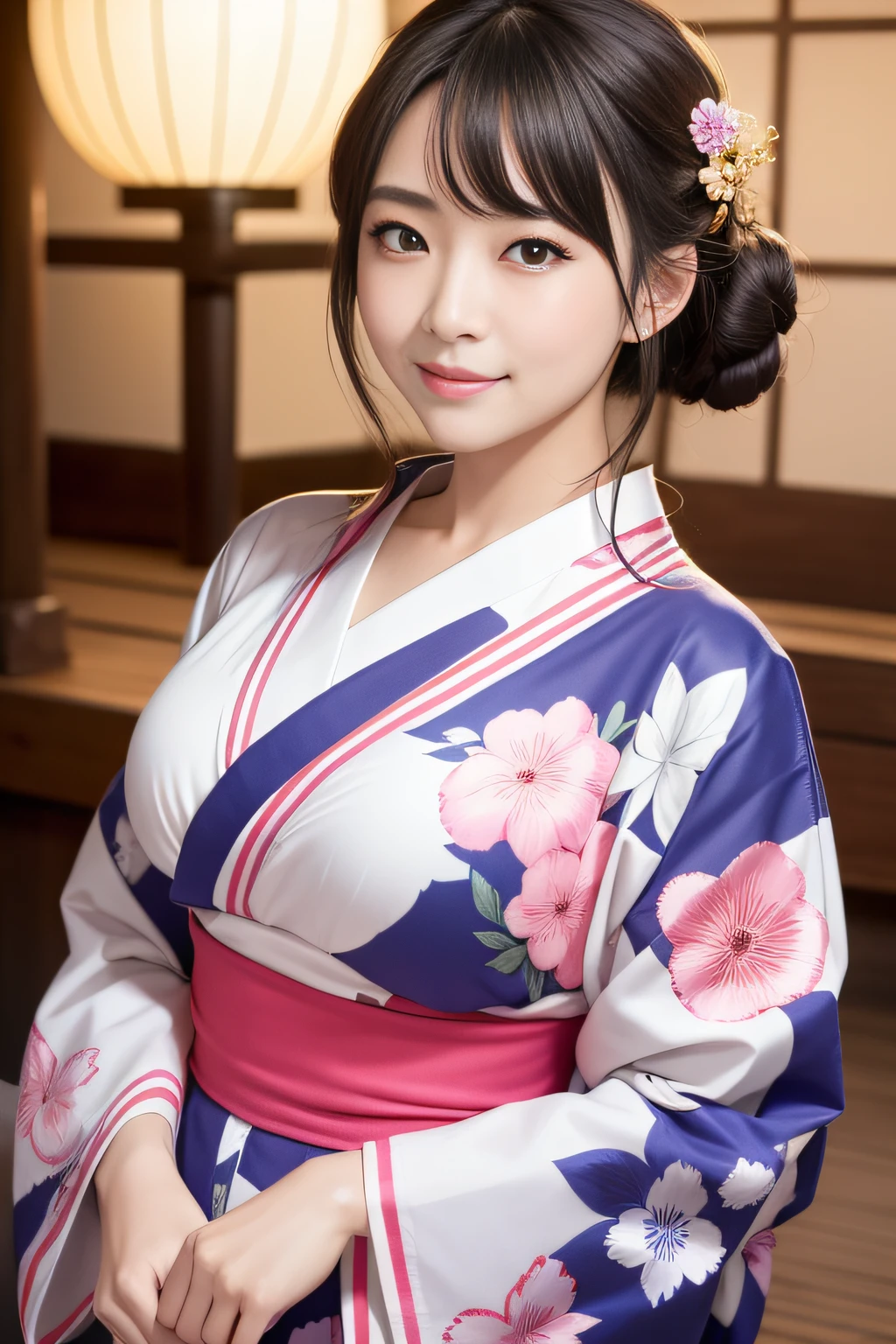 (Super beautiful woman in kimono)、((highest quality、8K masterpiece:1.3))、sharp focus:1.2、(super beautiful face:1.0)、(shiny skin:1.0)、realistic pictures、black hair、video lighting、High resolution eyes and face、video lighting、japanese actress、from the front、with a happy smile、whole body、wearing a kimono、in Kyoto、(luxury obi)、with a fan