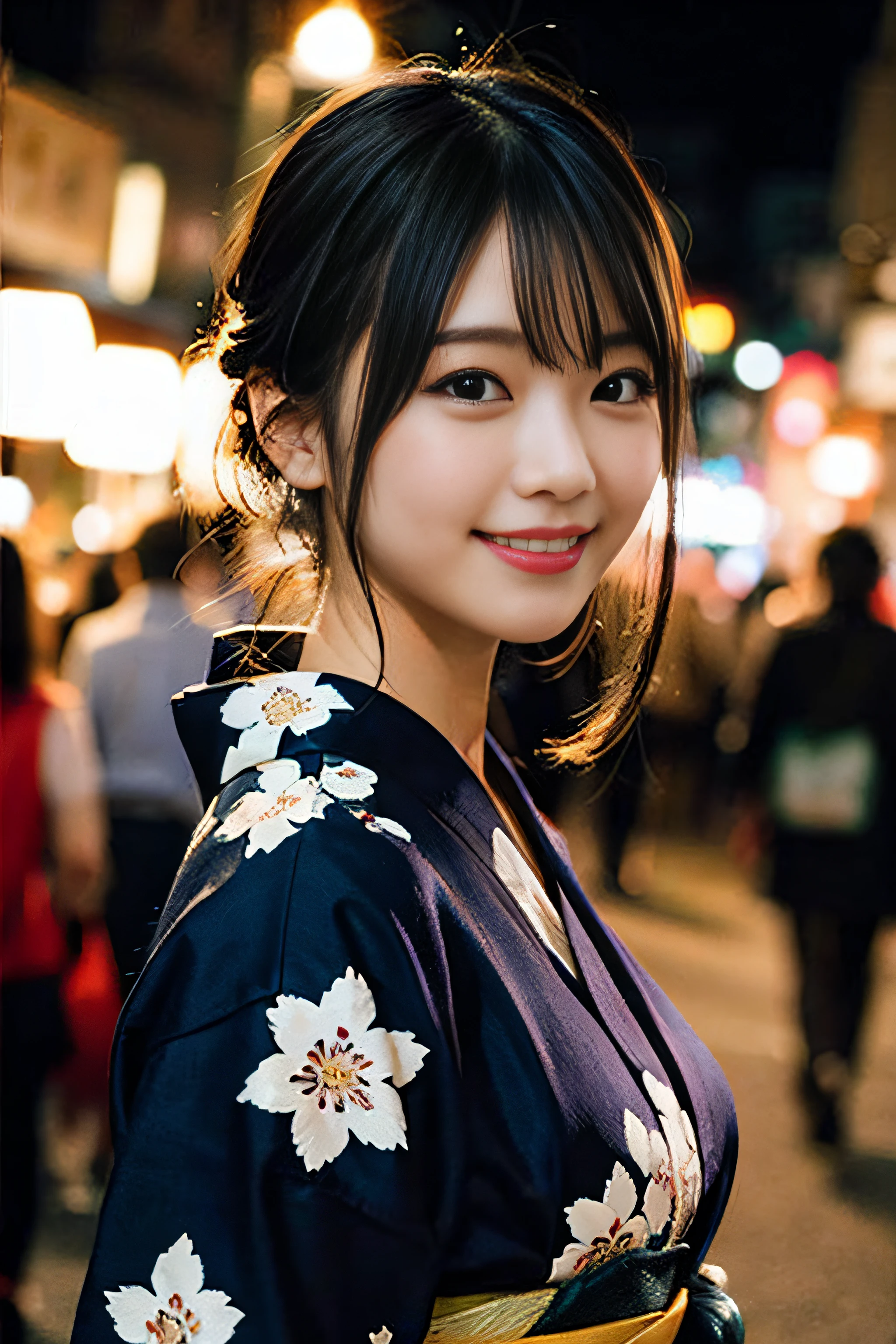 (8K、Raw photography、top-quality、​masterpiece:1.2)、(realisitic、Photorealsitic:1.37)、ultra-detailliert、超A high resolution、女の子1人、see the beholder、beautifull detailed face、A smile、Constriction、(Slim waist) :1.3)、Beautiful detailed skin、Skin Texture、Floating hair、Professional Lighting、Whole human body、Longhaire、a blond、Japan floral yukata、matsuri、In the street、sparklers、Bob Hair,Background of the fireworks display