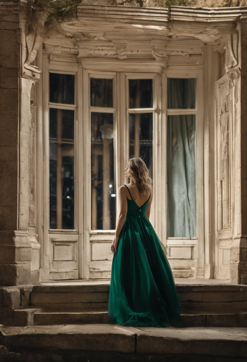 arafed woman in nude standing in front of a window, a picture by Juan O'Gorman, shutterstock, renaissance, green dress, high quality image, dark green dress, monia merlo, she wears a dark green dress, wearing an elegant dress, romantic dress, girl in a dress, storybook style, flowing dress, portrait shot