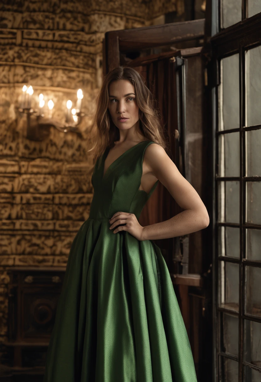 arafed woman in nude standing in front of a window, a picture by Juan O'Gorman, shutterstock, renaissance, green dress, high quality image, dark green dress, monia merlo, she wears a dark green dress, wearing an elegant dress, romantic dress, girl in a dress, storybook style, flowing dress, portrait shot