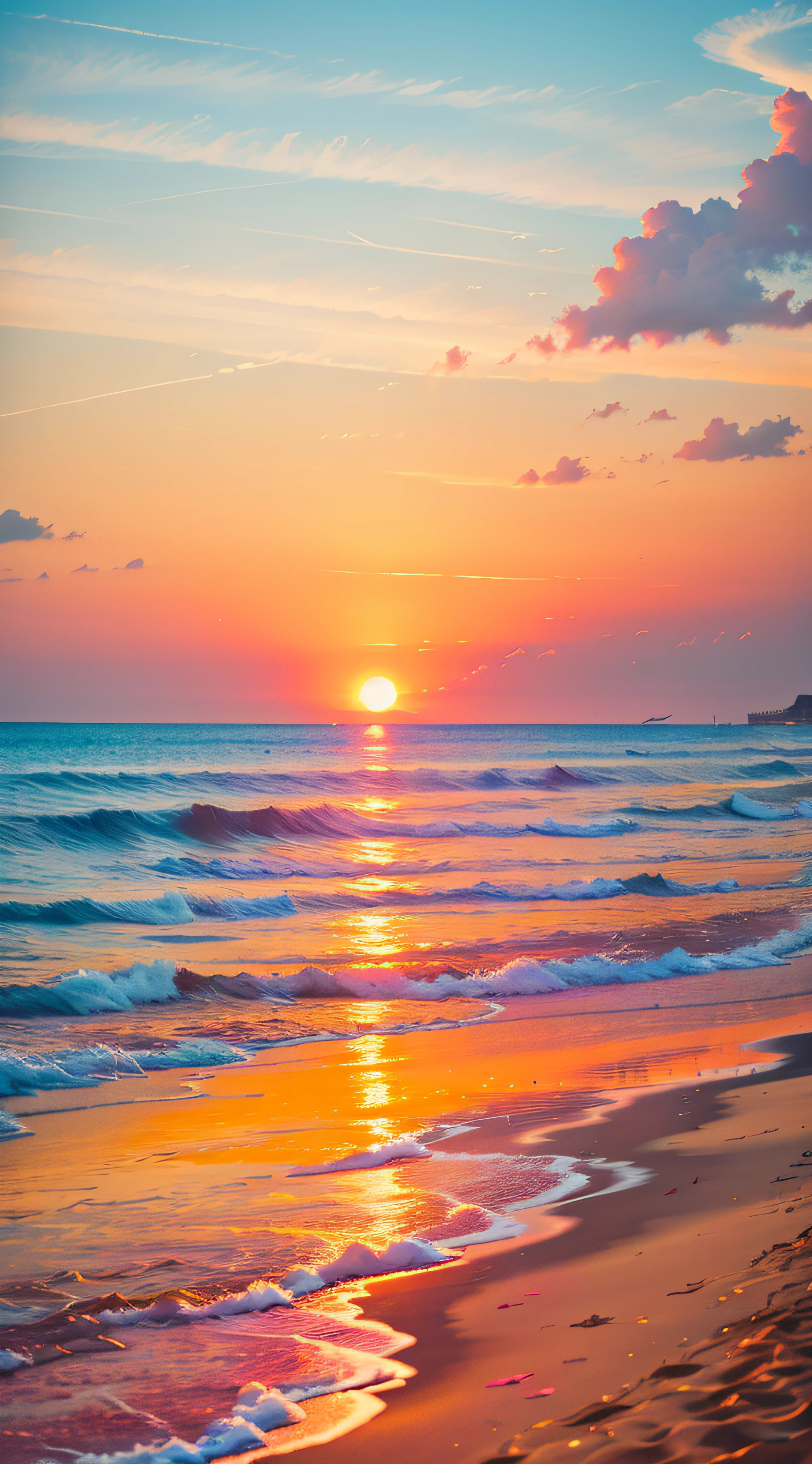An absolutely mesmerizing sunset on the beach, with a mix of orange, pink, and yellow in the sky. The water is crystal clear, gently kisses the coast, and the white sand is endless. The scene is dynamic and breathtaking, with seagulls soaring high in the sky and palm trees swaying softly. Immerse yourself in the calm atmosphere and let the serenity surround you.