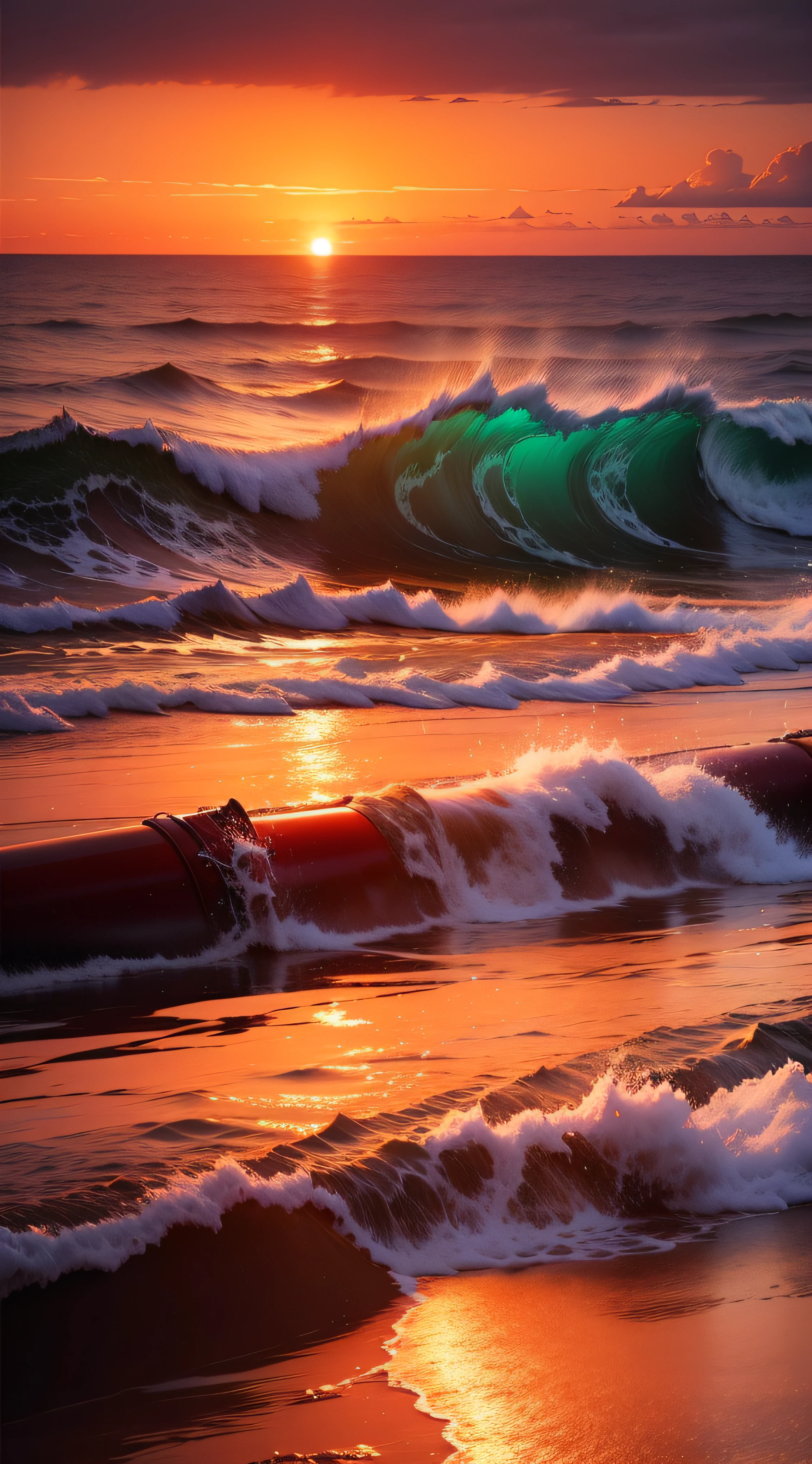 Golden sunlight,nebulous sky,Layers of clouds,The sunset is gorgeous,Orange-red and pinkish-purple clouds,Sunset,The afterglow is gorgeous,Sparkling sea,Wooden boats are embellished,Sea and sky line,Undulating waves,Seagulls fly,The setting sun covers the earth,A huge sunset over the horizon,Fiery red sunset with deep blue ocean