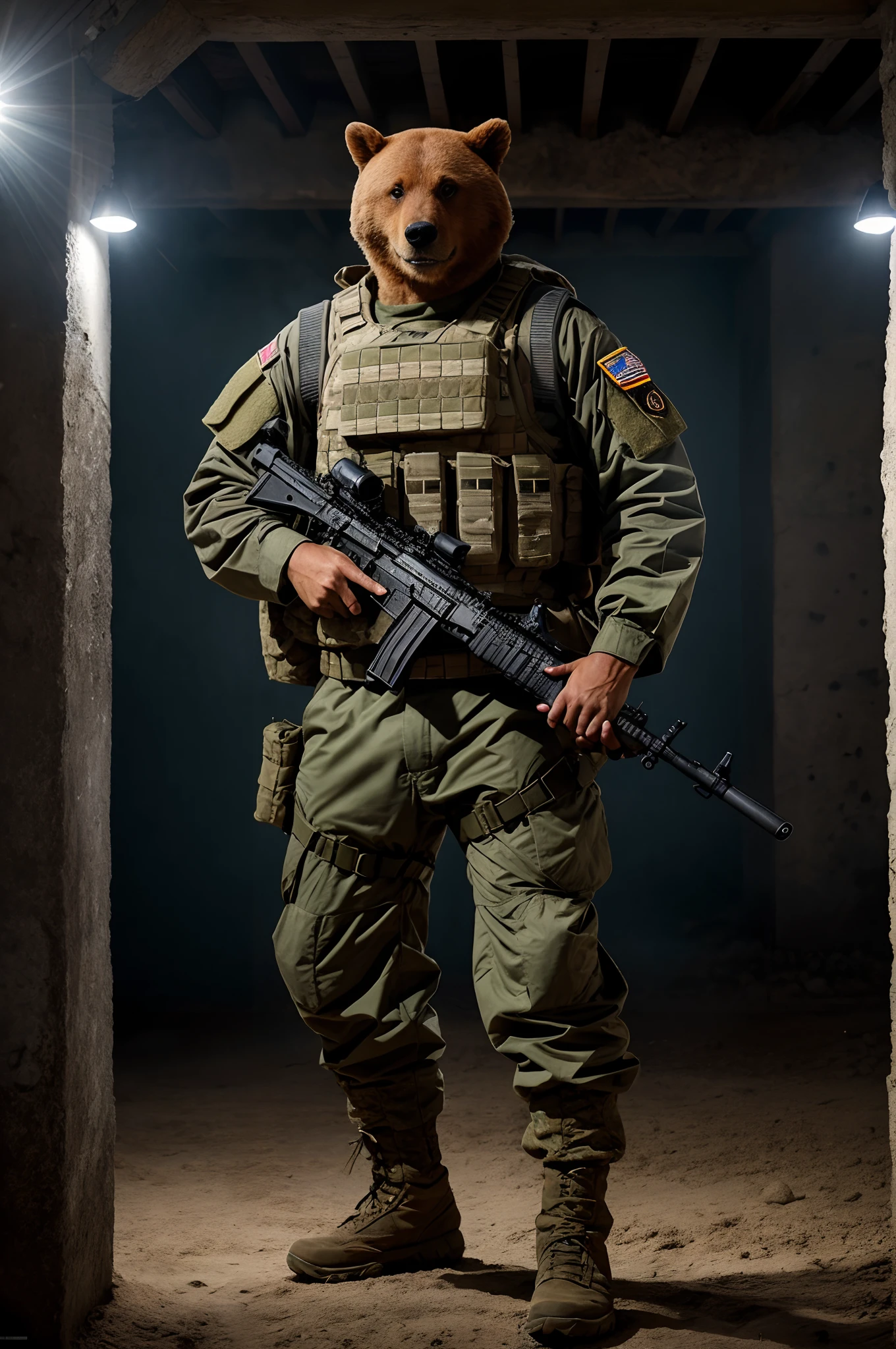 Yogi Bear wearing the clothes of a soldier who has military equipment and holding a rifle in a combat position, em uma base militar, 8k, highes definition, rosto detalhado, rosto detalhado, olhos detalhados, terno detalhado, estilo futurista meio homem, well armed in hyper-realistic combat position, + Cinematic Still Shot + dynamic compositing, incrivelmente detalhado, agudeza, detalhes + detalhes soberbos + noite com luz + perfeccionismo + Realismo premiado ((soft-lighting))