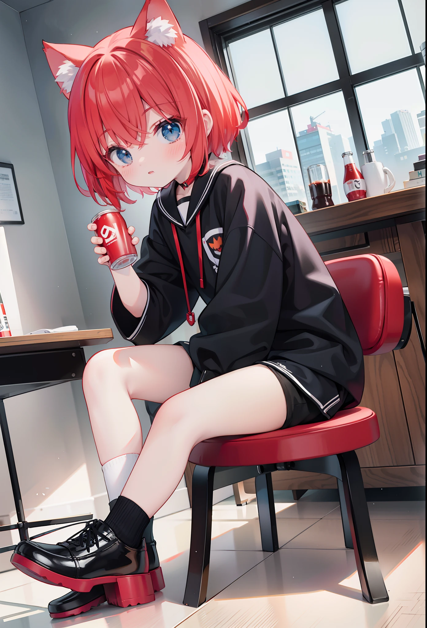 mtu,Anime sense full body front photography a small table,There is a chair next to it, a boy sitting in the office, palms on the table, holding a coke in one hand, drinking red short hair, red cat ears, white long-sleeved stand-up collar shirt, black shorts, black socks, white snow boots