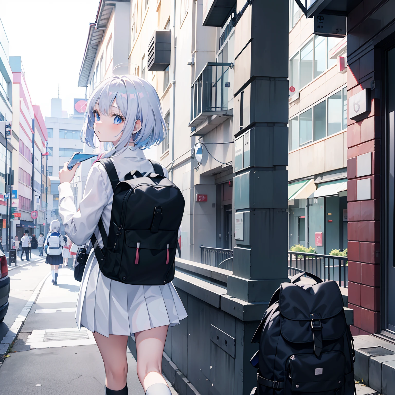 one-girl,One in a backpack,girl wearing school uniform,white color hair,Carrying backpacks and backpacks, eBlue eyes, Cute anime pose, up of young anime girl, JK school uniform, anime moe art style, anime big breast, anime visual of a cute girl