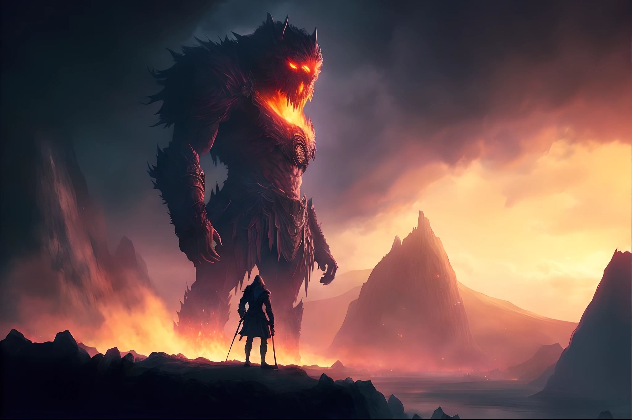 In 3D animation style:The fierce demon standing protectively in front of the glowing jewel, its eyes blazing with anger as it confronts Arjun.