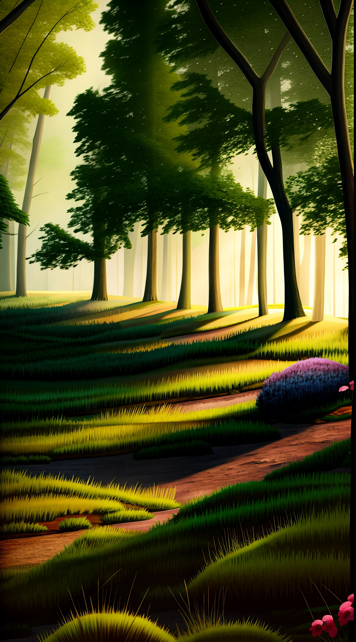 Paint a green field,There are trees and flowers in the foreground, forest clearing landscape, Meadows in the forest, lush countryside, peaceful landscape, Detailed digital painting, soft forest background, beautiful digital painting, Dreamy landscape, Valle exuberante, anime lush john 8k woods, arte de fundo, background artwork, forest clearing, high detail digital painting, forest setting, Lush forest landscape