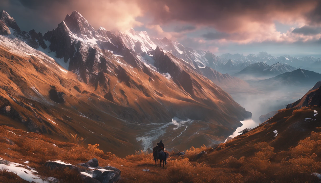 Cinematic images，Hyper-realistic，Ultra-wide viewing angle，In the midst of majestic mountains，The sunset shines directly on the top of the snow-capped mountains，Wind-weary white clouds，中景 the scene is，super-fine，Detailed pubic hair，stereoscopic perspective，Works of masters，detail in face，super-fine，16K resolution，high qulity，电影灯光，High picture detail，dynamic viewing angle，Detailed pubic hair，Epic shooting，oc rendered