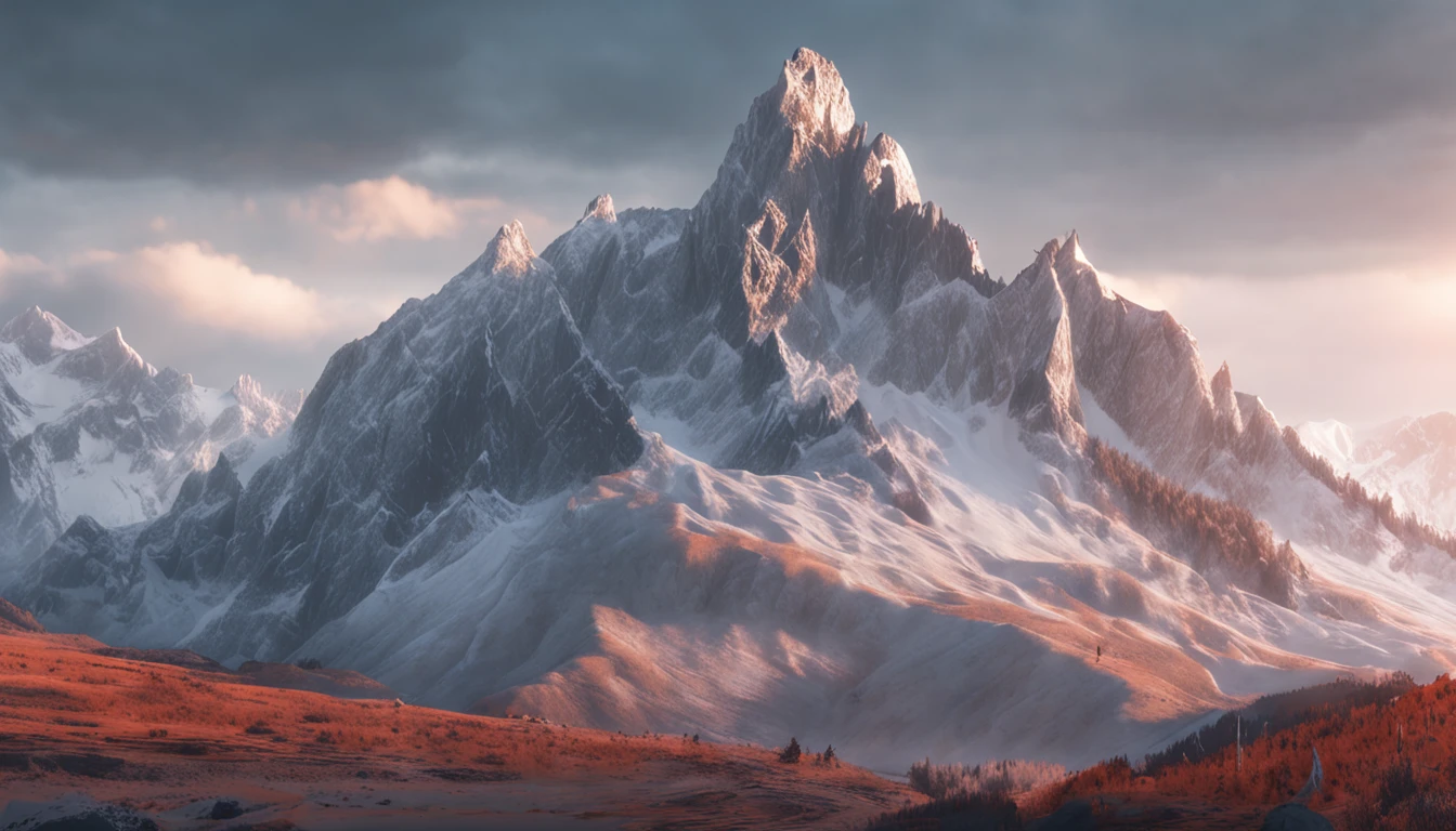 Cinematic images，Hyper-realistic，Ultra-wide viewing angle，In the midst of majestic mountains，The sunset shines directly on the top of the snow-capped mountains，Wind-weary white clouds，中景 the scene is，super-fine，Detailed pubic hair，stereoscopic perspective，Works of masters，detail in face，super-fine，16K resolution，high qulity，电影灯光，High picture detail，dynamic viewing angle，Detailed pubic hair，Epic shooting，oc rendered