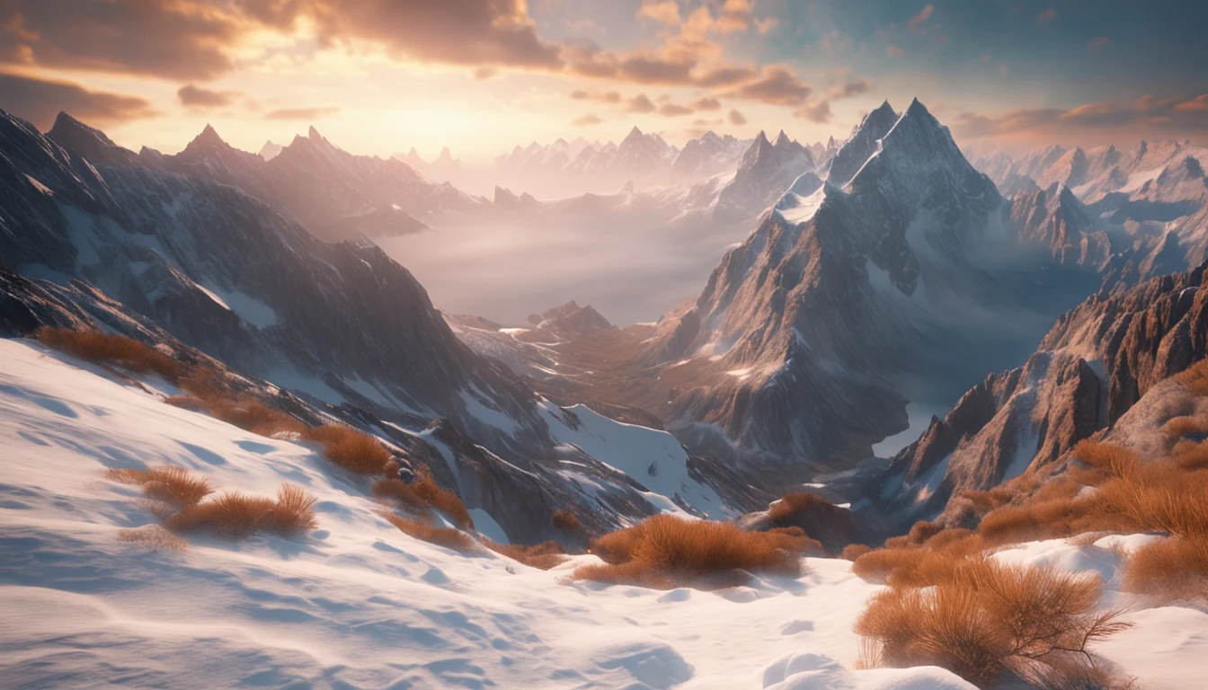 Cinematic images，Hyper-realistic，Ultra-wide viewing angle，In the midst of majestic mountains，The sunset shines directly on the top of the snow-capped mountains，Wind-weary white clouds，中景 the scene is，super-fine，Detailed pubic hair，stereoscopic perspective，Works of masters，detail in face，super-fine，16K resolution，high qulity，电影灯光，High picture detail，dynamic viewing angle，Detailed pubic hair，Epic shooting，oc rendered