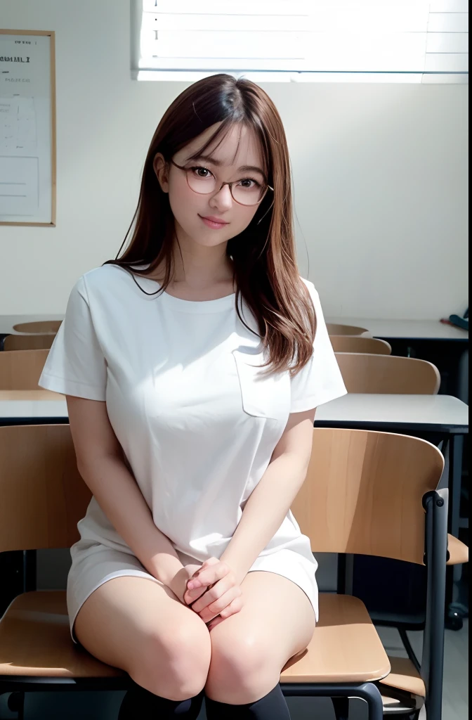 25 years old women(Eyeglasses)、A MILF、((at class room))、((校服))、Raw photography、(Photorealsitic:1.37、realisitic)、高精細CG統合8K壁紙、女の子1人、((the perfect body: 1.1))、(Natural Super Big Braests:1.2)、looking at viewert、(((straight from front)))、(HQ muscle:1.2、shinny skin)、8K UHD、Digital SLR、Soft lighting、hightquality、Film particles、FujifilmXT3、((full body Esbian:0.8))、(profetional lighting:1.4)、