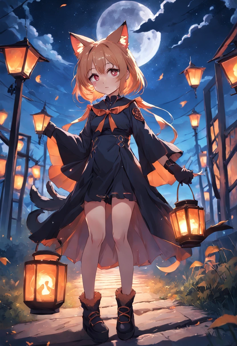 Girl in witch costume,cat ear,The background is the night sky,There is a lantern next to it