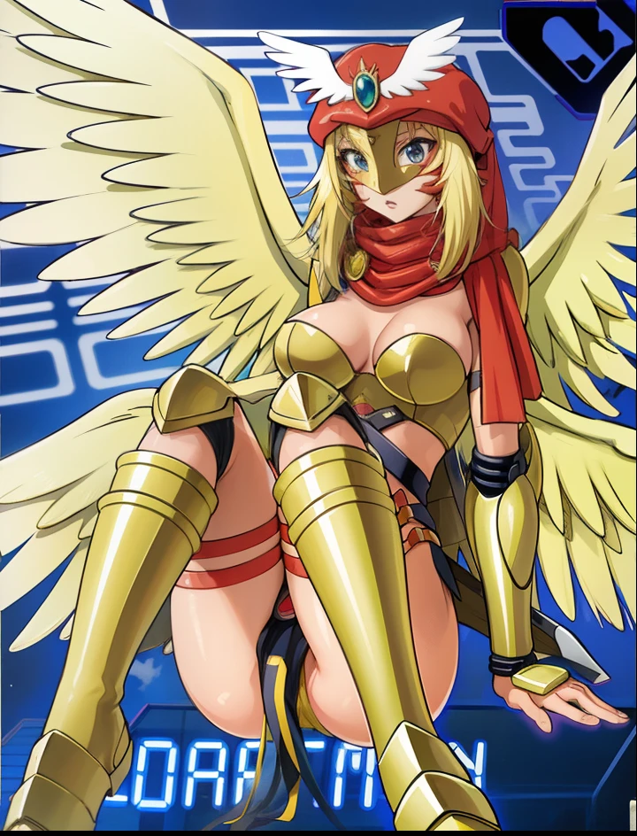 a cartoon image of a woman with wings and a red hat, knights of zodiac girl, Angewoman Glamorosa Digimon, menina do cavaleiro do anjo, deusa anime, Armadura Dourada Angelical, Mechanized Valkyrie girl, Angewomon, Digimon, angel in plastic armor, inspirado em Masamune Shirow, menina harpia inka, estilo anime gainax, Deusa Dourada Atena