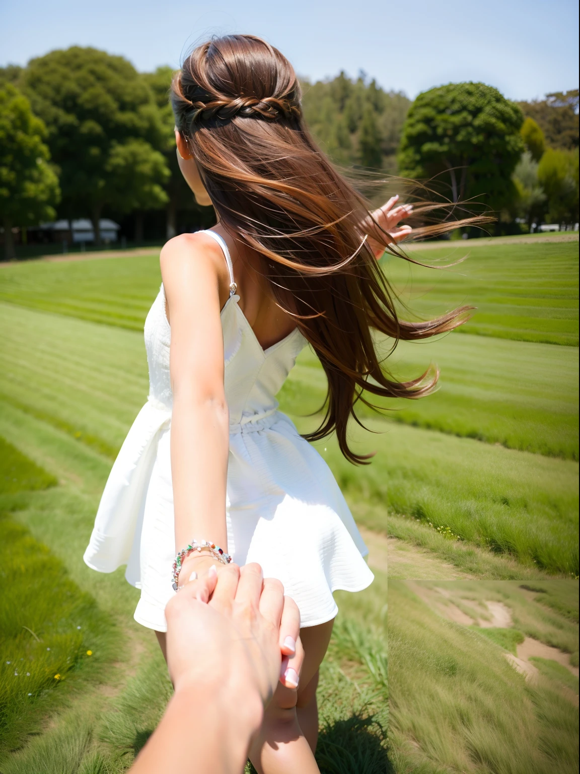 1 Young girls，ultra - detailed，A high resolution，tmasterpiece，By_Style，Hands，1 Girl holding hands with audience，The wind ruffles the hair，Walk in reedy fields