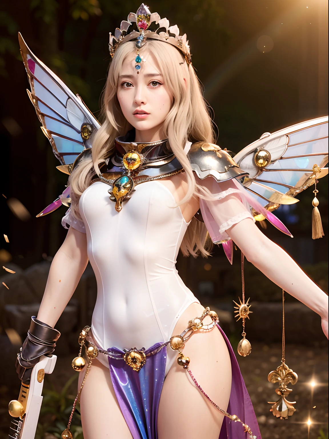 (masutepiece), Professional , masterpiece、top-quality、photos realistic , depth of fields (Gemstone Silver Metal Body:1.9),(Matt W White Pink、Jewel Gold Weapon、(Gorgeous castle background)、(ultimate beauty girl)、(Rainbow fairy wings grow)、Particles of light、(Metal body of iridescent gemstones:1.9),Gorgeous Jewel Metal Weapons , Detailed Sword of the Brave ,( a blond) ,warhammer 40k , adepta sororitas,Detail and ornate jewel crown、独奏、Brown hair、Mystical expression、(Gangle's forest background)、Beautiful Caucasian beauty、1a person、dynamic ungle,(((Diamond tiara with detail and luxury)))、a small face、Powerful poses、(Gorgeous castle background)、huge filesize、20 year old beautiful woman、Stand in the center of the screen、Thin female fingers、Straight long hair、Beautiful Caucasian beauty、(maikurobikini)、Hair fluttering in the wind、face forwards、Look at viewers、(Armpit)、Armpit、