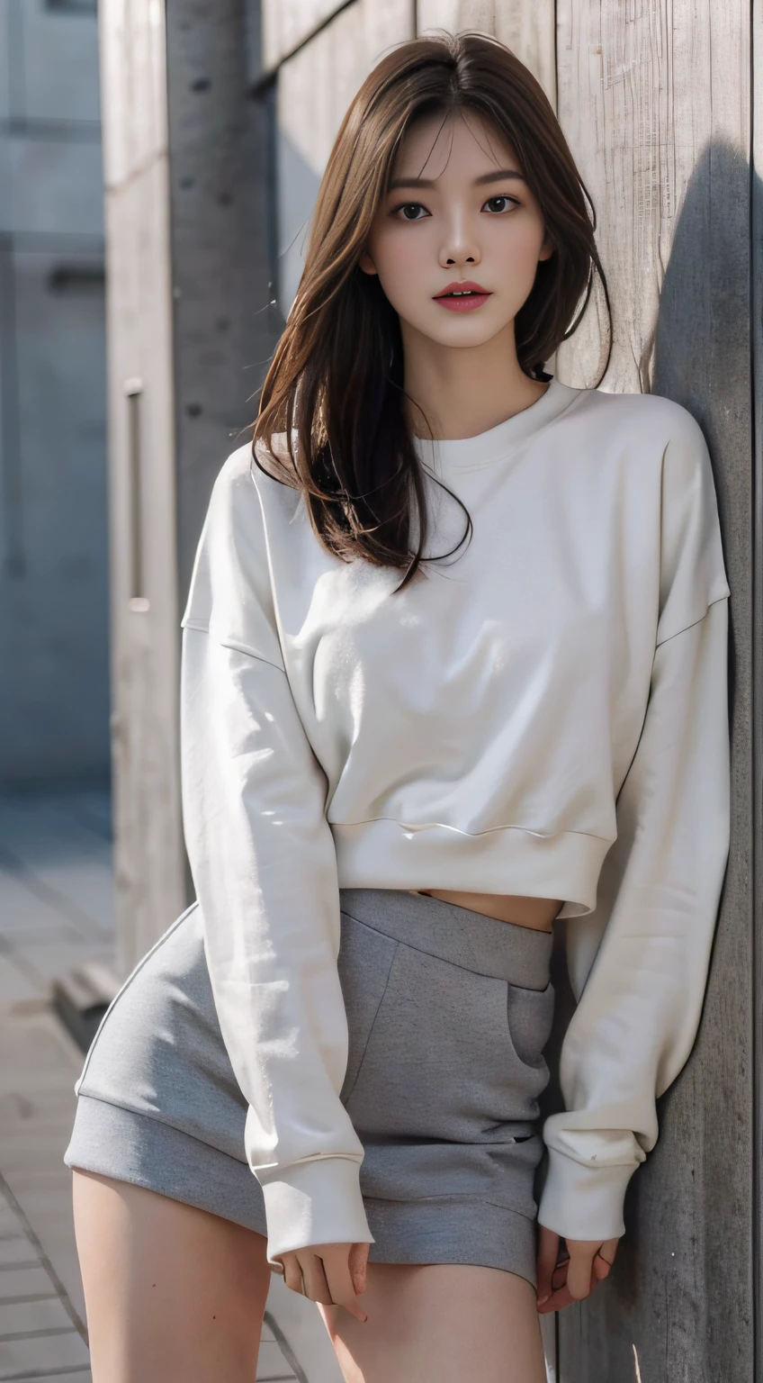 top Quority，Ultra-clear resolution，Clear  eyes，plain face，s the perfect face，White skin，Perfect chest，with perfect legs，Long legs，Gray sweatshirt short skirt set，Random environment