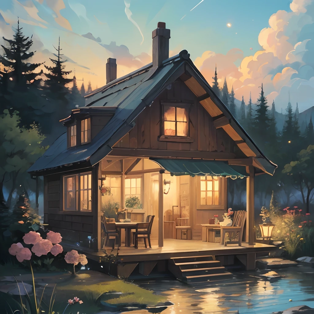 Paint a heartwarming scene of a classic hand-drawn cartoon character in the style of Walt Disney. Picture a cozy, pastel-colored cottage by a tranquil lake. The character, with eyes brimming with wonder, shares tea with talking animals as fireflies create a soft, glowing atmosphere. --auto --s2