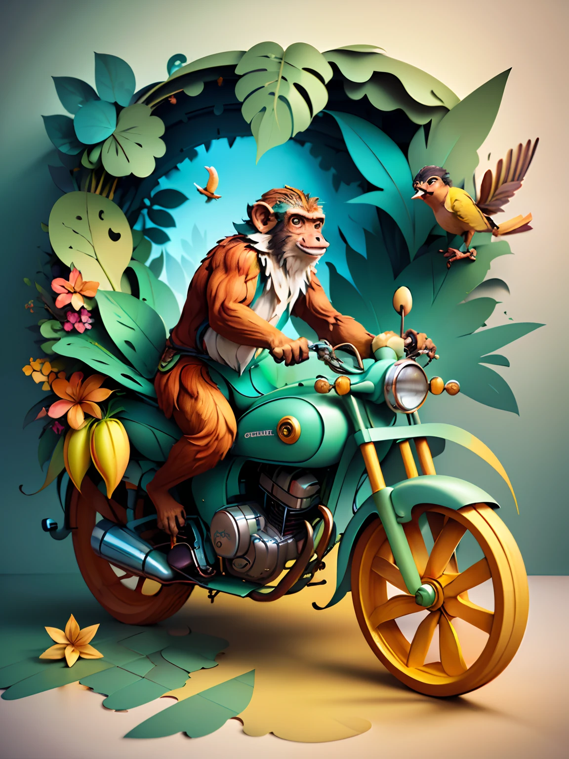 (((Masterpiece))),Best quality, illustration, a Monkey cosplay human, riding motorcycle, tropical jungle, forest, bananas, Birds, Flowers, vibrant color scheme, Soft light,(warm color:1.2),watercolor paiting, Light background, best quality exquisite details,3D rendering of,rendering by octane, Pastel, Paper_cut