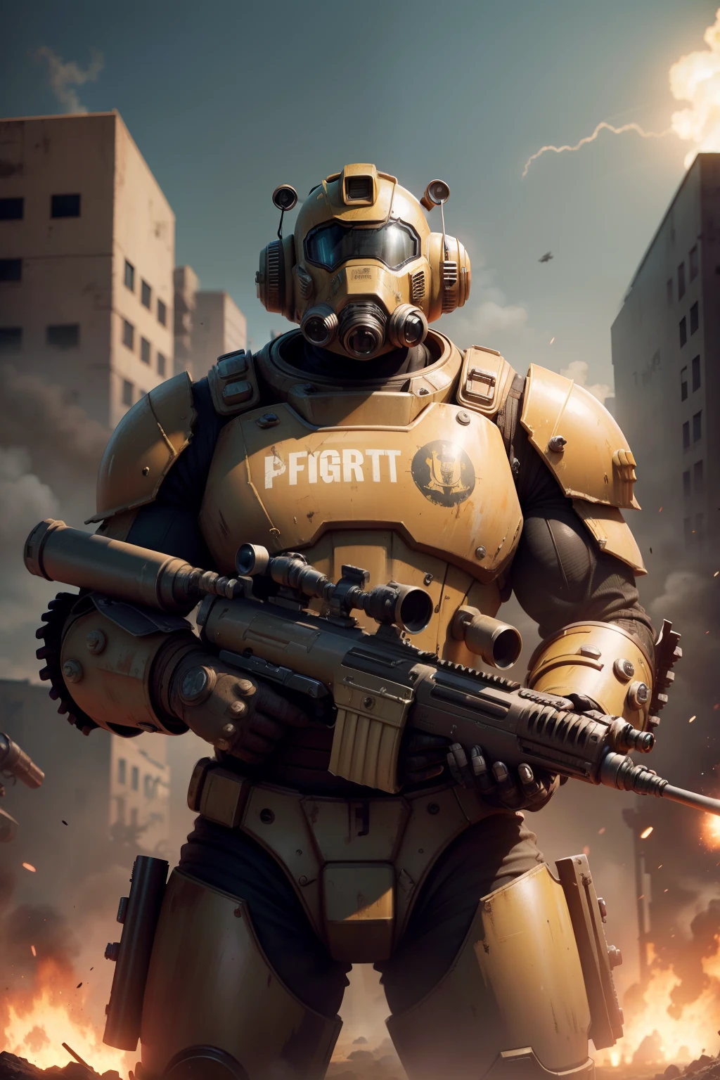 power armor, firing a minigun, fallout, post appocalypse