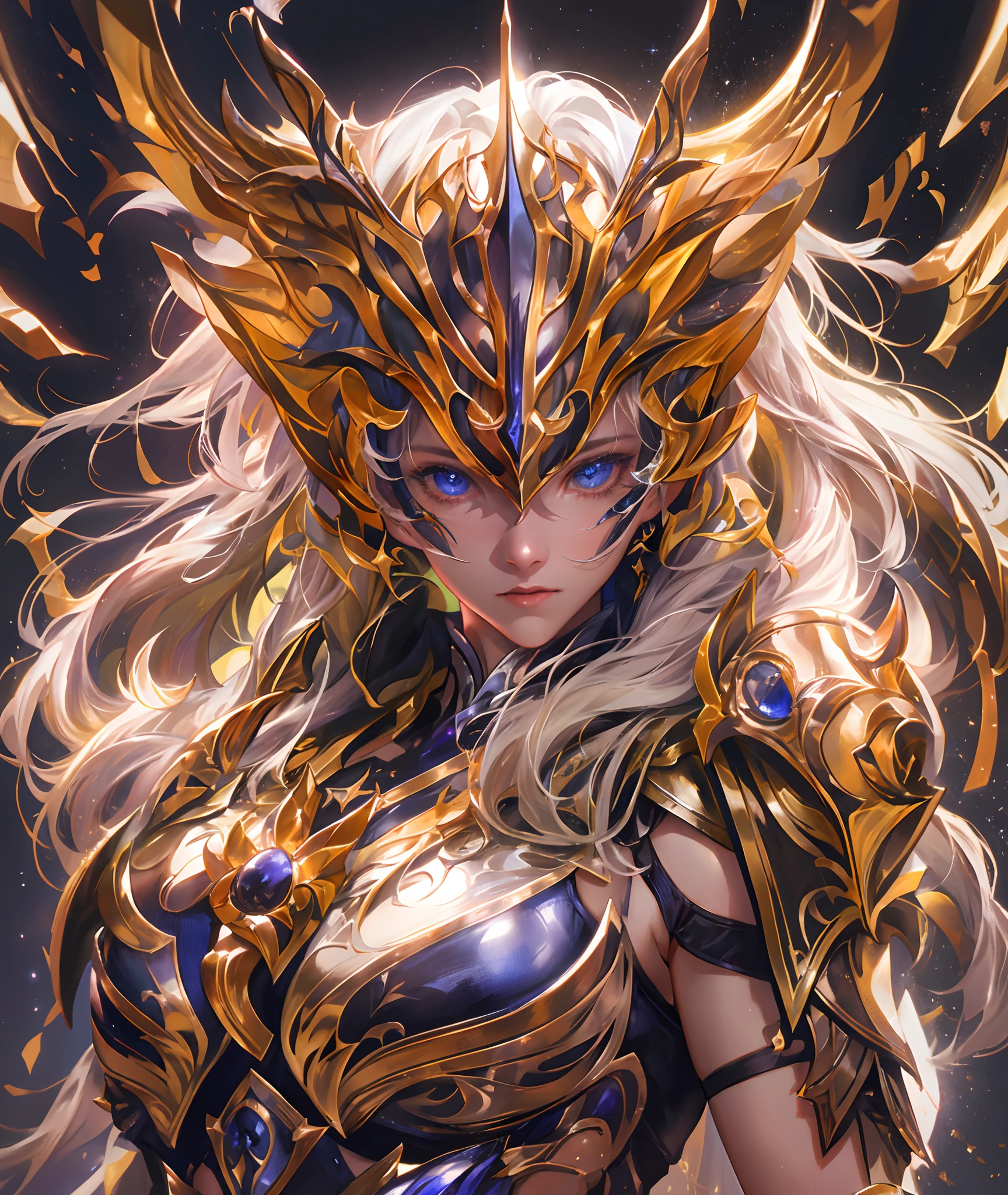 Ultra-high saturation，（tmasterpiece）， fully body photo，（best qualtiy）， （1girll）， starryskybackground，Wearing shiny gold armor， Sexy lingerie type armor，Expose your chest，Expose the waistline，Exposing thighs，cool-pose， Saint Seiya Armor， messy  hair，high detal, Anime style, Cinematic lighting, Sparkle, god light, Ray traching, filmgrain, hyper HD, textureskin, super detailing, Anatomical correct, A high resolution，Ultra-high saturation，hight contrast，High-gloss armor，Smooth skin，Serious expressions,Dark room,