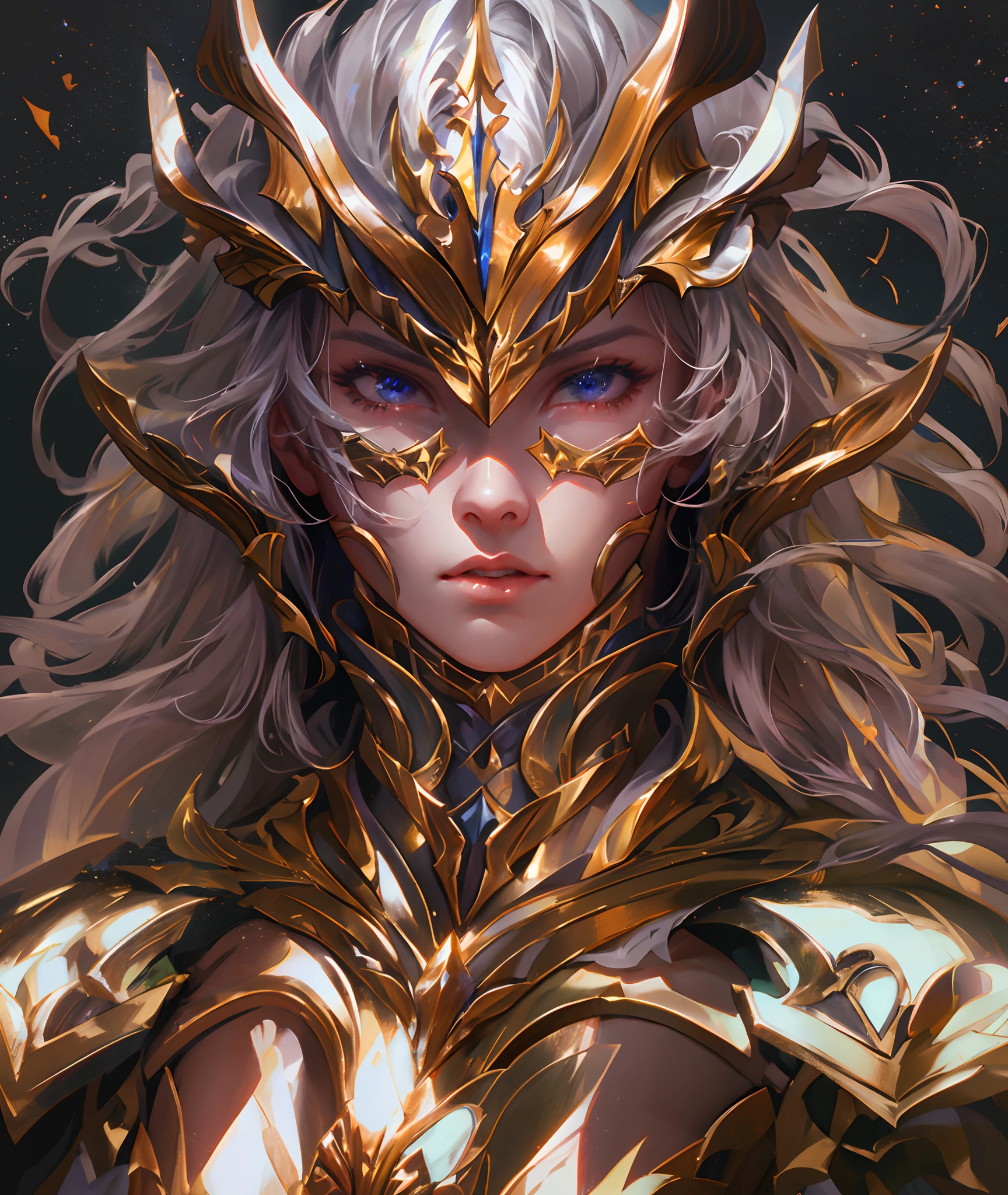 Ultra-high saturation,(tmasterpiece), fully body photo,(best qualtiy), (1girll), starryskybackground,Wearing shiny gold armor, Sexy lingerie type armor,Expose your chest,Expose the waistline,Exposing thighs,cool-pose, Saint Seiya Armor, messy hair,high detal, Anime style, Cinematic lighting, Sparkle, god light, Ray traching, filmgrain, hyper HD, textureskin, super detailing, Anatomical correct, A high resolution,Ultra-high saturation,hight contrast,High-gloss armor,Smooth skin,Serious expressions,Dark room,