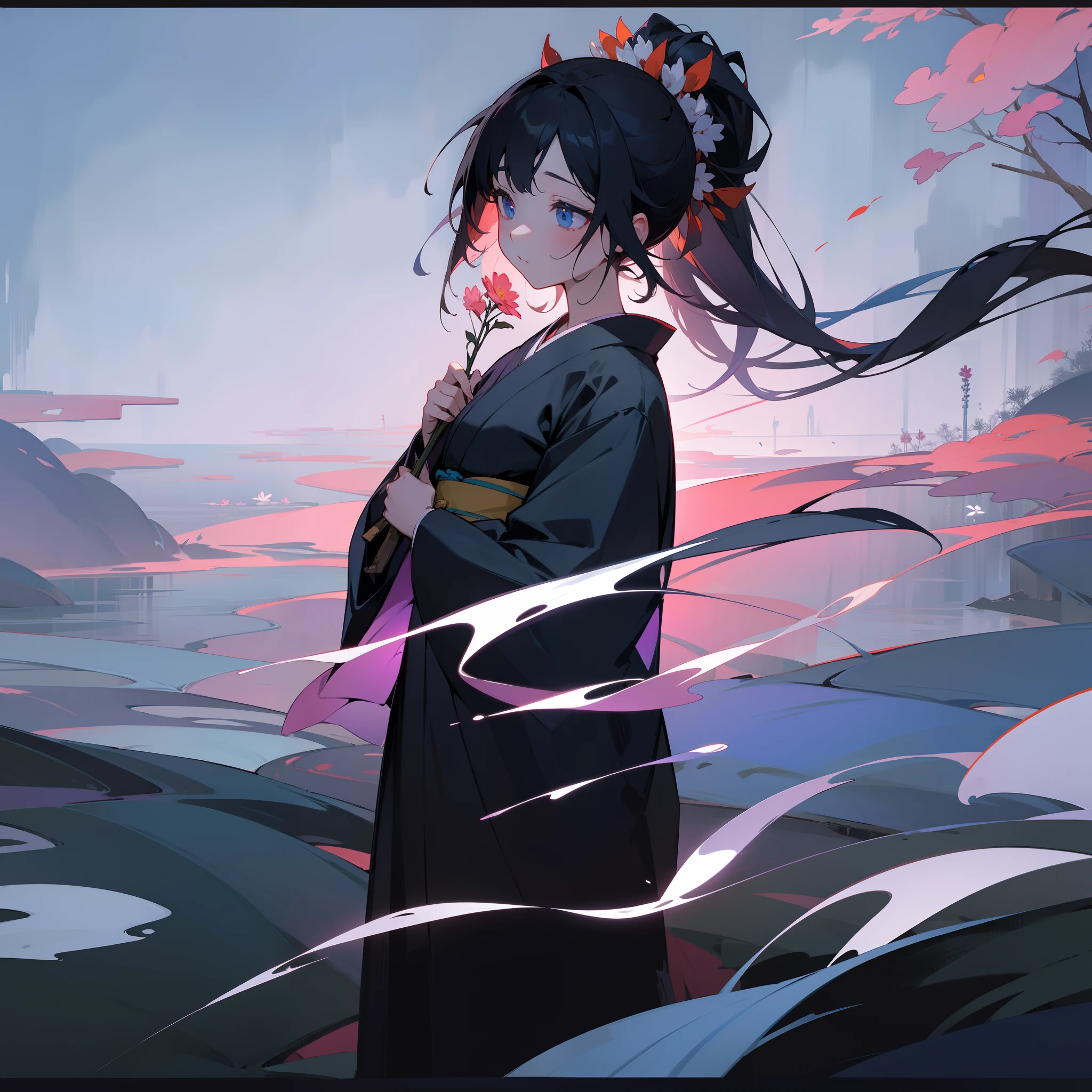 dark、Woman in kimono standing quietly、Flowers that give the last in her hands、the color of the flowers is bright、Glowing faintly in the dark、Feel the vanishing life、Sorrow and despair between life and death、She herself seems to float on the border between this world and the other、The beautiful sight is、The end and the new beginning、Trapped in a time of grief。Top image quality、Landscape painting、A black、illusion、
