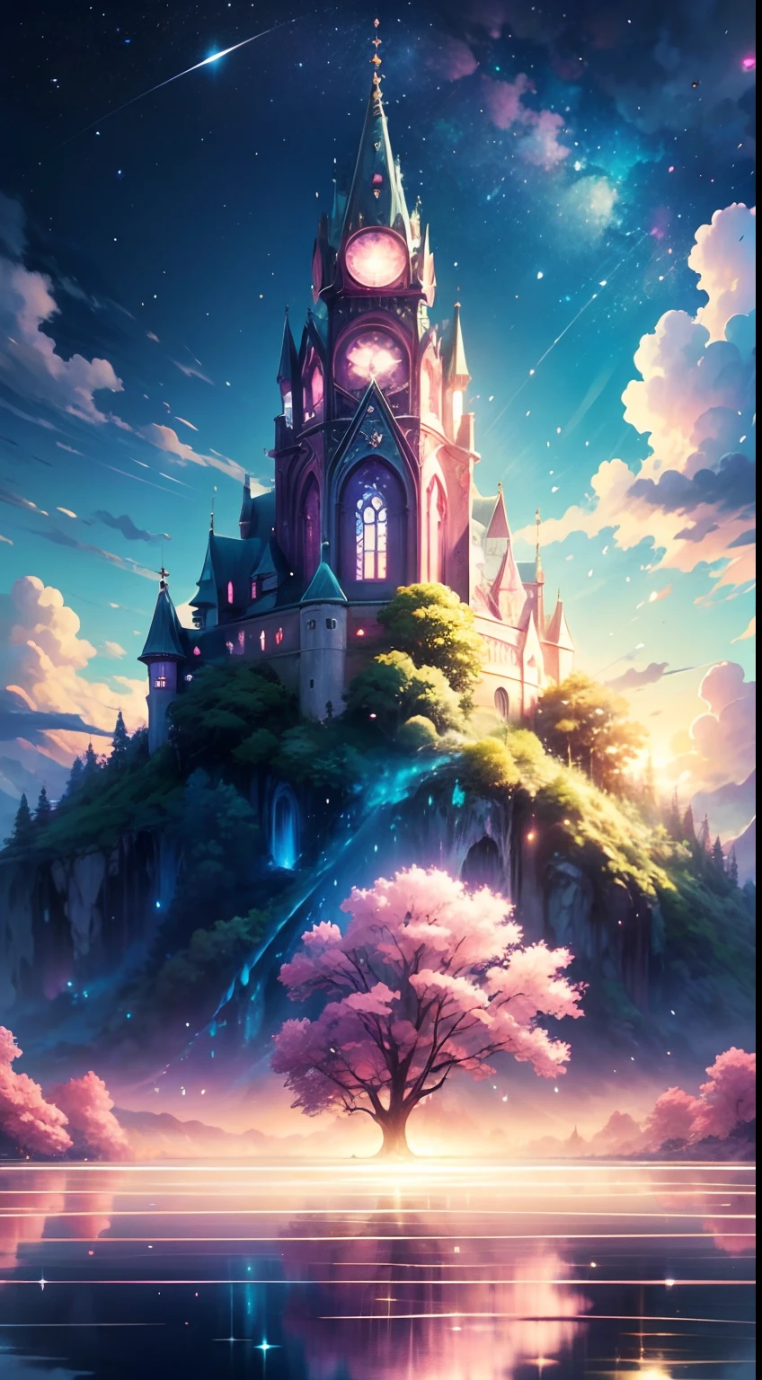 Envision a mesmerizing scene of a romantic realm of vibrant dreams. The environment is filled with intricate floating islands, fluffy clouds, waterfalls cascading from the floating islands, and a vibrant, surreal atmosphere. The atmosphere is filled with a sense of wonder and tranquility. Include many shades of pink in the image along with other vibrant jewel-toned hues. This scene will be depicted in an anime-style illustration, with soft lines, pastel colors, and a whimsical touch. All buildings are extremely detailed and elegant. The artwork will capture the ethereal beauty and tranquility of the dreamlike realm, creating a sense of harmony and escape from the ordinary world. Include teal water, colorful watercolor skies, glowing elements, and many small fantasy details including iridescence, expertly created majestic landscapes, and shimmer and glimmer. Above all else, this should look like a fantasy artwork.