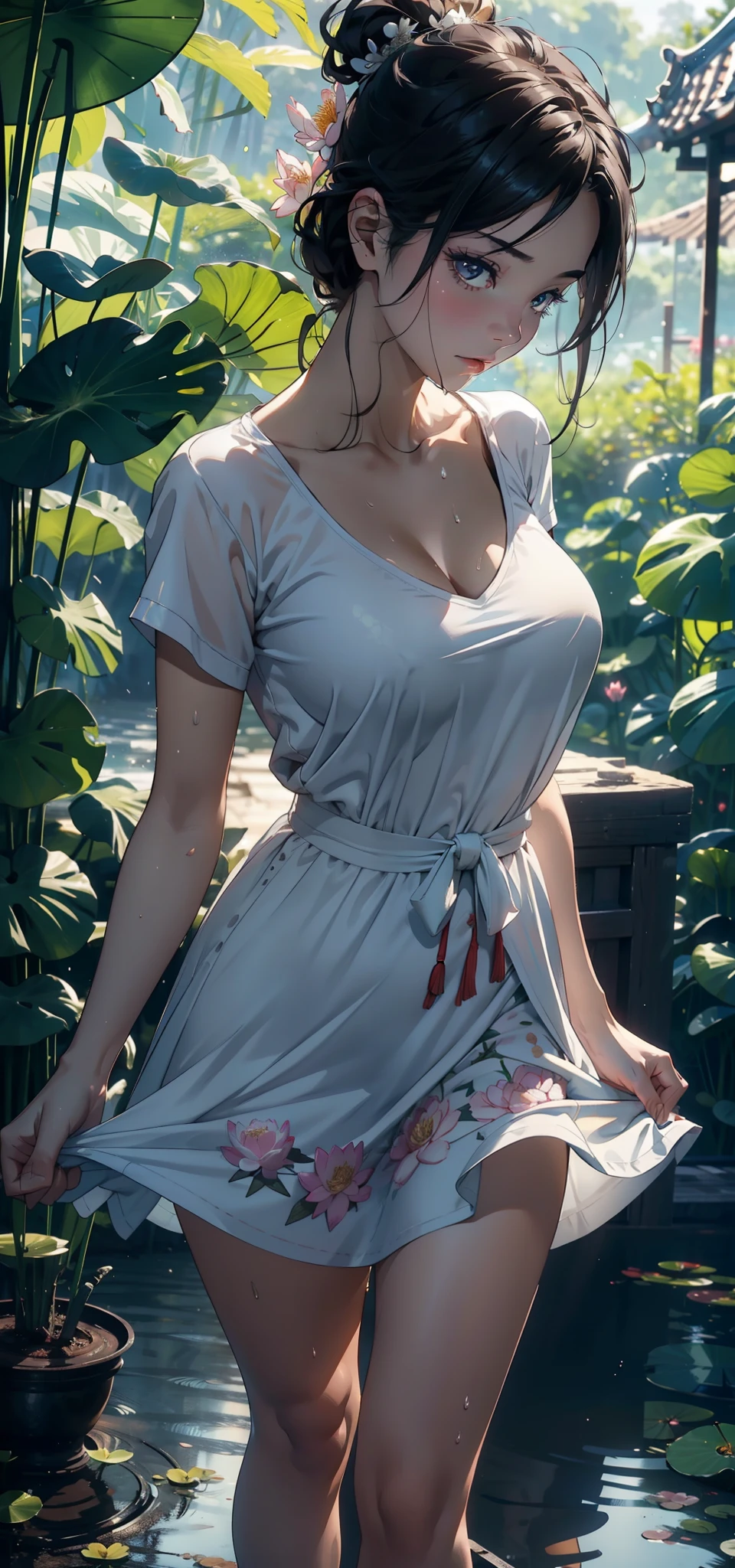 1female，45 yers old，Married Woman，熟妇，plumw，extremely large bosom， 独奏，（Background with：ponds，Cherry blossom forest，rainforests，lotus flower）standing underwater， She has short pink hair，seen from the front，， mostly cloudy sky，（（（tmasterpiece），（Very detailed CG unity 8K wallpaper），best qualtiy，cinmatic lighting，detailed back ground，beatiful detailed eyes，Bright pupils，Black eyes，Snow-whiteskin，Redlip（Very fine and beautiful），（Beautiful and detailed eye description），ultra - detailed，tmasterpiece，））facing at camera，A high resolution，ultra - detailed），revealing breasts，Bare genitalia，  Bulge，legs are open，Raised sexy，Camel toes，Desire for dissatisfaction，frontage，（Wearing：nurses uniform，nurse hat，Red transparent apron，Bare ）