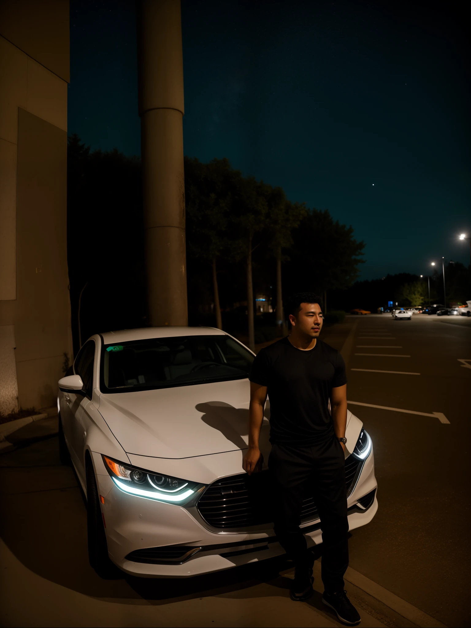 arafed man standing next to a white car in a parking lot, album gym art, at nighttime, nighttime!!, nighttime!, steve zheng, taken with sony alpha 9, shot on sony a 7 iii, in the night, shot on canon eos r 5, shot on canon eos r5, mohamed chahin style, it's night time, mike