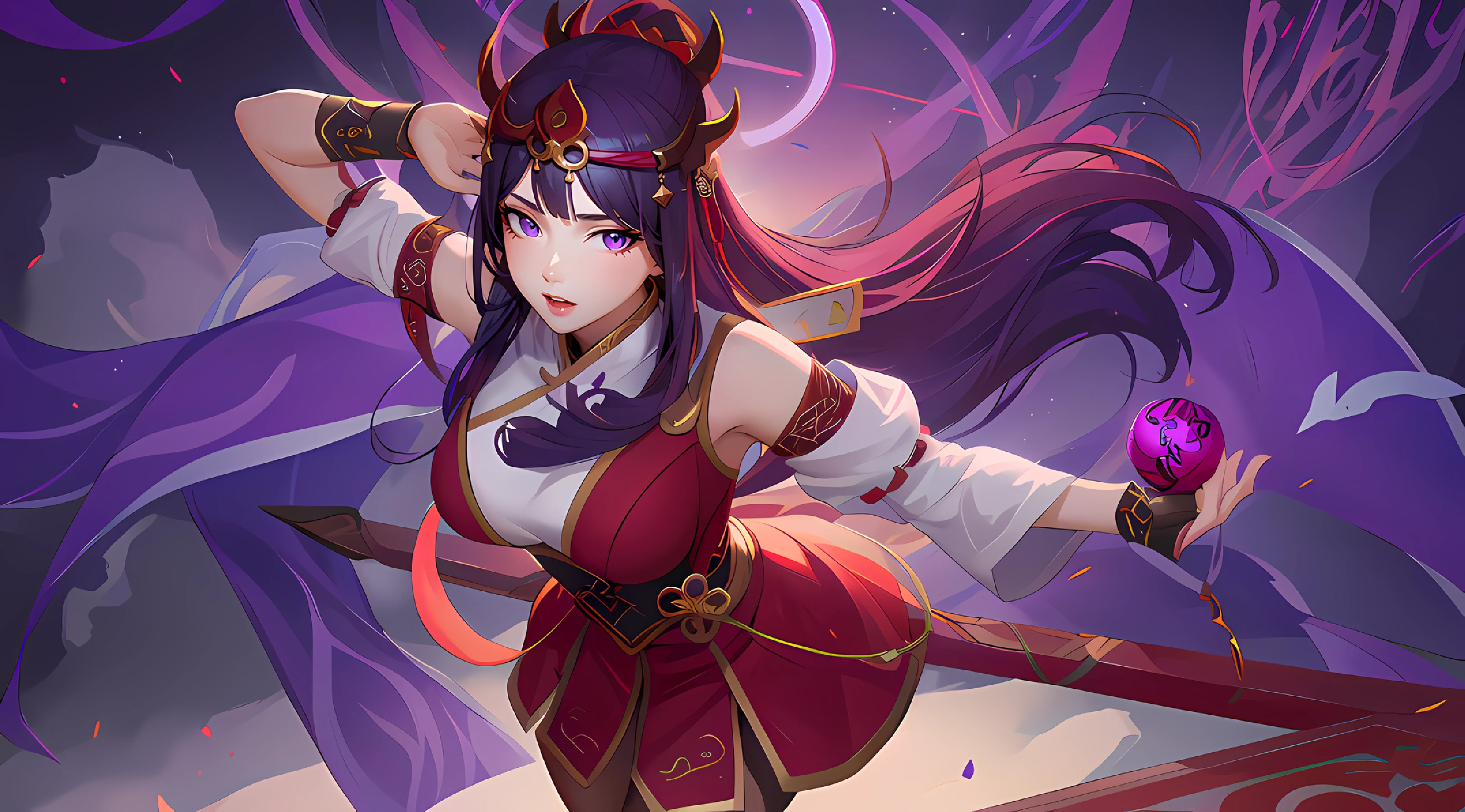 anime girl with a sword and a purple ball in her hand, onmyoji detailed art, onmyoji portrait, extremely detailed artgerm, onmyoji, Guinevere from Mobile Legends detailed eyes, beauty face, heise jinyao, by Yang J, g liulian art style