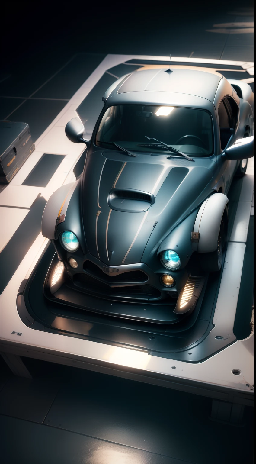 Photograph of many car parts on the surface of a highly reflective table, Neat layout, in rows, Slight top view