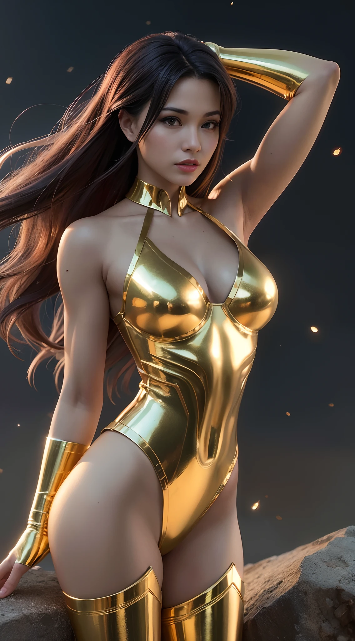 um close up de uma mulher em um bodysuit dourado posando em uma rocha, corpo dourado elegante, 3 d render arte do caractere 8 k, corpo de ouro, pele dourada lisa, Cinematic Goddess Body Shot, Obra-prima da CGSOCIETY, shiny golden bikini, Aura dourada, Artgerm Julie Bell Beeple, Aura dourada brilhante, deusa. Detalhes extremamente altos, wlop pele brilhante