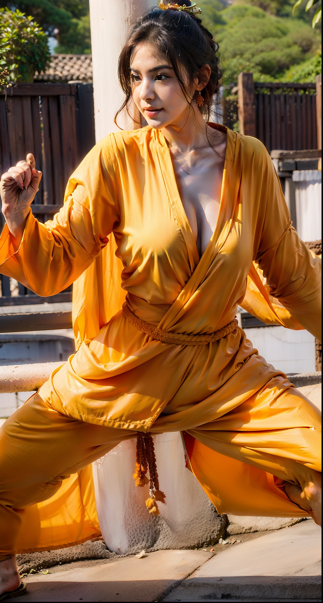 Lutadora linda, seios muito grandes,  roupa laranja de monge xaolin sensual, treinando kung-fu, sexy