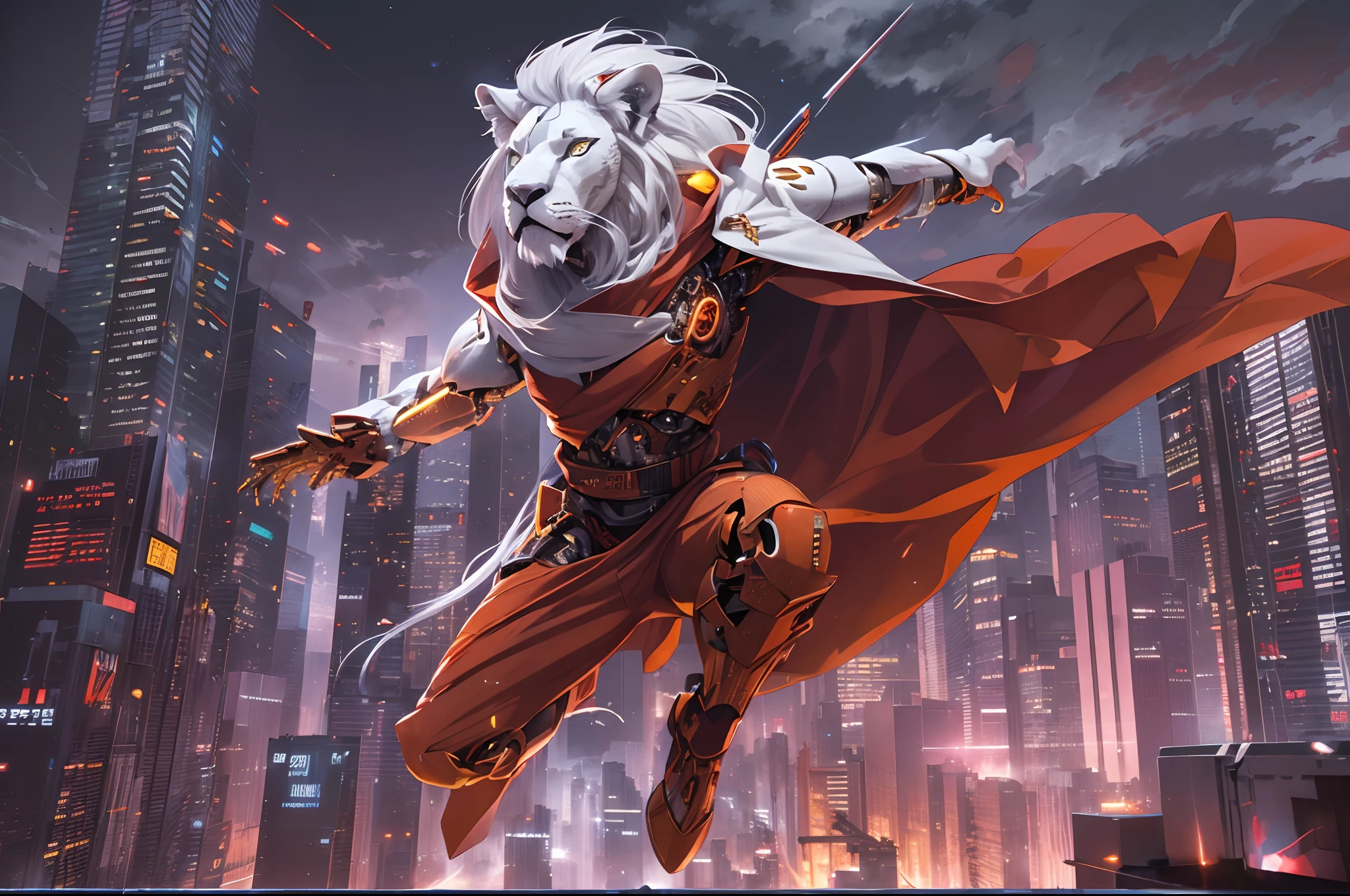 (Cyborg Warrior, Solo, White Lion face:1.3), Red costume, Samurai, red cloak, Skyscrapers, night, Jump from the rooftop towards the city, mid air, Dynamism, Cut the wind, The surrounding scenery is blurry.