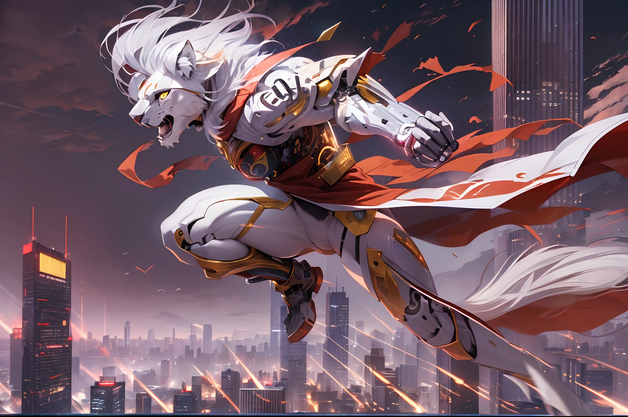 (Cyborg Warrior, Solo, White Lion face:1.3), Red costume, Samurai, red cloak, Skyscrapers, night, Jump from the rooftop towards the city, mid air, Dynamism, Cut the wind, The surrounding scenery is blurry.