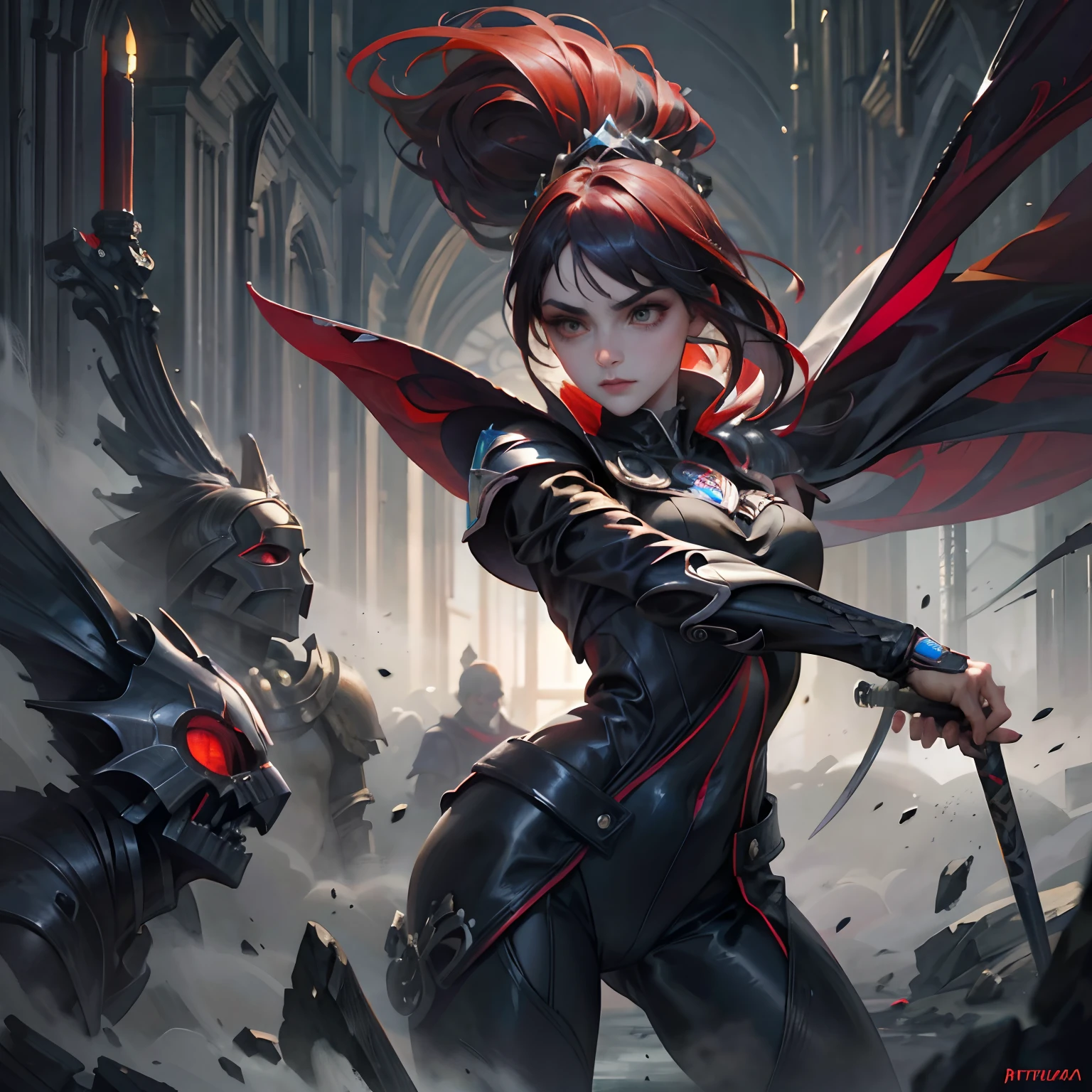 ((obra maestra, ultra detallado)), arte conceptual, illustration, arte digital, 1girl, solamente, Pale young woman surrounded by black smoke with ash ((cara enojada)) Robotic right arm, Hextech katana Hidden in the Gothic cathedral at night , ( (Pelo muy largo, cabello negro )),((iris rojo y pupila)), caballero, armadura de caballero negro plateado,Pose de lucha, Cara bastante perfecta con piel suave,Cara bastante perfecta, arte conceptual por Greg Rutkowski, Artgerm, hiperdetallado, intricately detailed artistic trends in ArtStation's triadic colors, fantastical, Detalles intrincados, splashscreen, colores complementarios, fantasy concept art, 8K resolution, obra maestra de deviantart, aceite, Trazos enriquecidos,