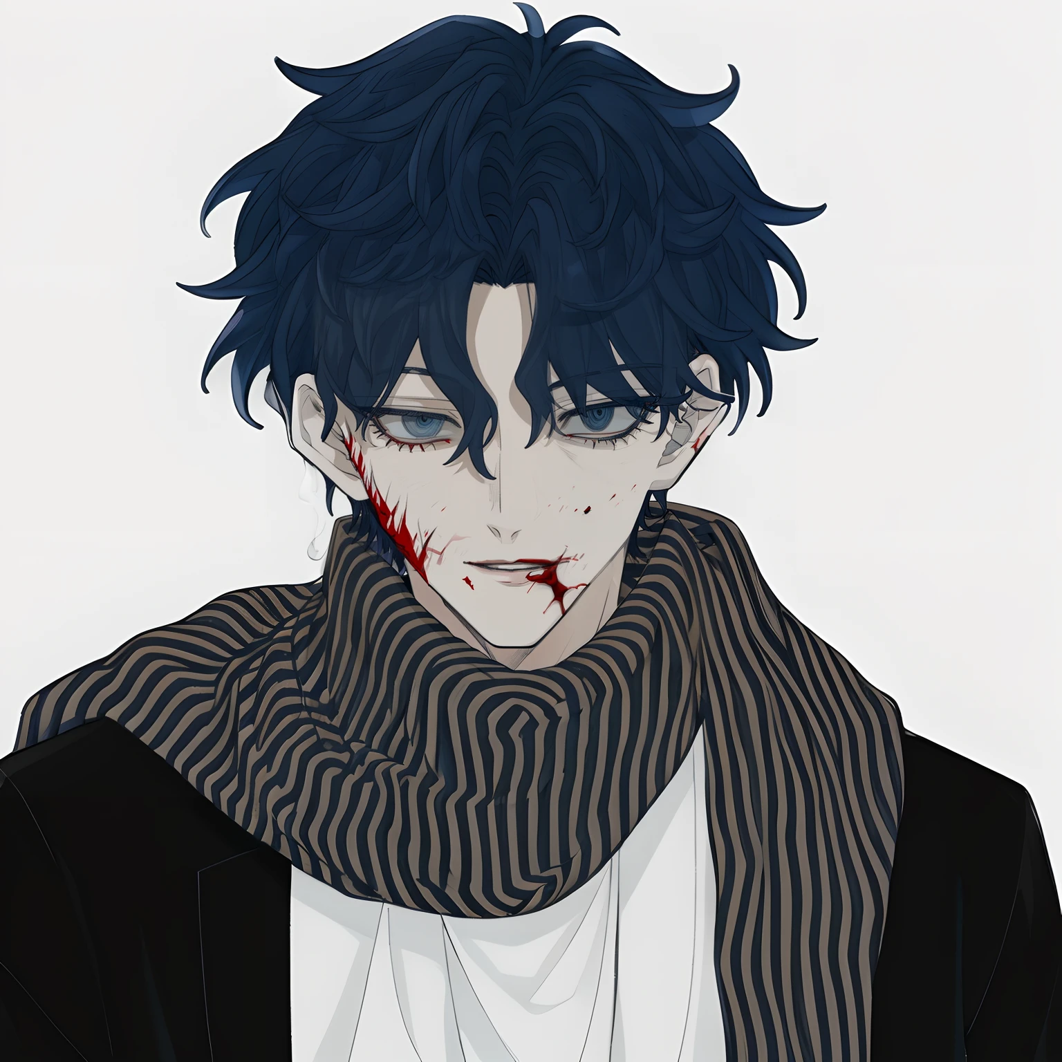 1boys, Portrait, Pure white background, Dark blue hair, Black eyes, Eye spiral, ringed eyes, blood spatter, Solid color black suit,Layer over a white T-shirt,There is a dark blue scarf,Smoking a cigarette
