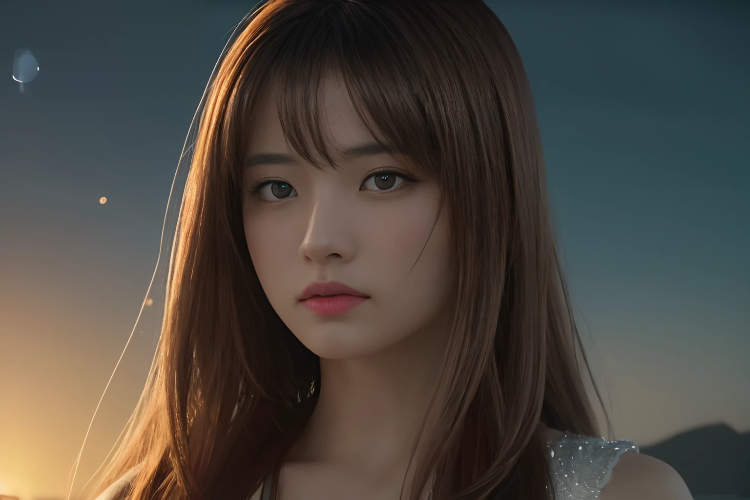 (Raw photo, Best Quality), (Realistic, photographrealistic: 1.3), Best Quality, Highly detailed, masutepiece, ultra-detailliert, Illustration, 1 girl, The upper part of the body_Body, Dynamic Angle, extremely detailed CG unified 8k wallpaper, inky, amazing, Movie Upper_Body, Dynamic Angle, World Mastery Theater, Messy_long_hair, Best Quality, extremely detailed CG unified 8k wallpaper, inky, amazing, movie lights, lens_f lare, dunhuang_Style, Detailed face, beautiful render of tang dynasty, (Intentional expression: 1. 5), stands on the beach, (Look back, at the camera: 1.2), fireflys, Sony Mastershot, Woman taking photo in front of TV, inspired by Fei Danxu, brown hair and bangs, High-resolution screenshots, nicovideo, normal hands, Vivid colors, Full Face Shot of Limuru Tempest, Nice studio lighting, VHS Screenshots, Beautiful Fine Face,