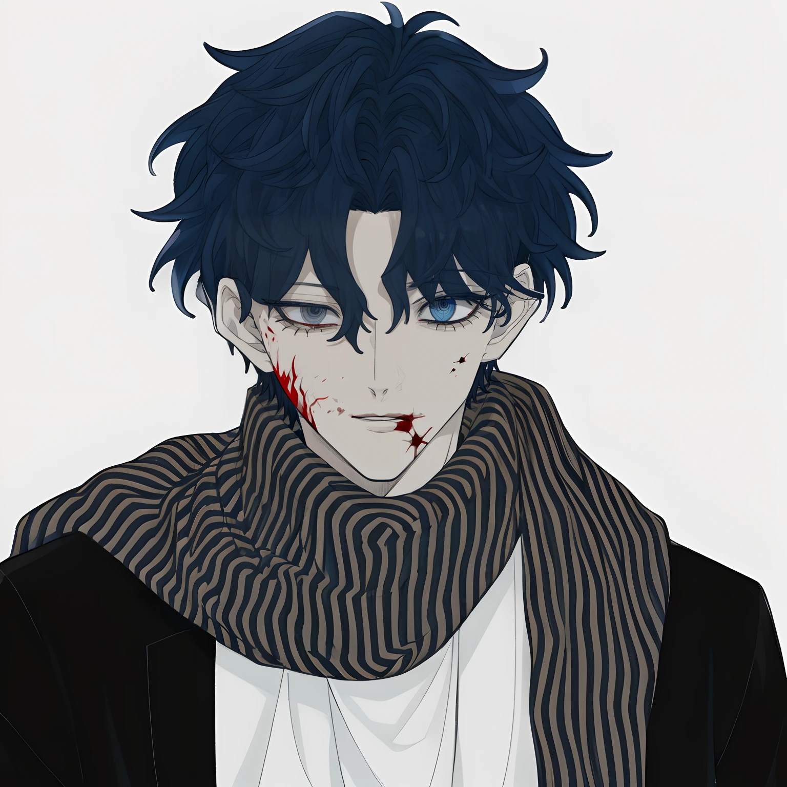 1boys, Portrait, Pure white background, Dark blue hair, Black eyes, Eye spiral, ringed eyes, blood spatter, Solid color black suit，Layer over a white T-shirt，There is a dark blue scarf，Smoking a cigarette