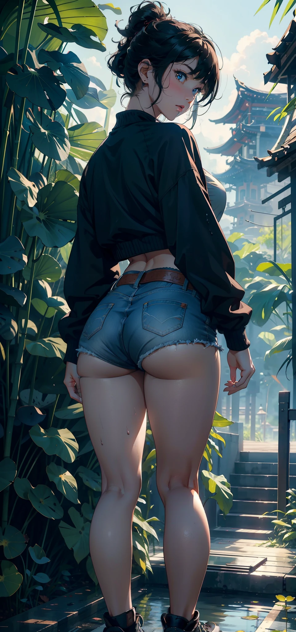 1female,3 years old,bit girl,Small loli,huge-breasted,long leges,slenderlegs,Big breasts Thin waist,Pornographic exposure, 独奏,(Background with:bamboo forrest,lotuses,lotus flower,exteriors,Lotus pond) She has short black hair,Qi bangs,bobo head,standing on your feet,Sweat profusely,drenched all over the body,seen from the front, hair straight, mostly cloudy sky,(((tmasterpiece),(Very detailed CG unity 8K wallpaper),best qualtiy,cinmatic lighting,detailed back ground,beatiful detailed eyes,Bright pupils,Black eyes,(Very fine and beautiful),(Beautiful and detailed eye description),ultra - detailed,tmasterpiece,)),facing at camera,A high resolution,ultra - detailed),revealing breasts,Bare genitalia, Bulge,legs are open,Raised sexy,Camel toes,Flushed complexion,Open-mouthed,frontage,elementary student(Black baseball jacket,Denim panties,black sneaker shoes,nakeness)Full body photo,Show shoes,frontage