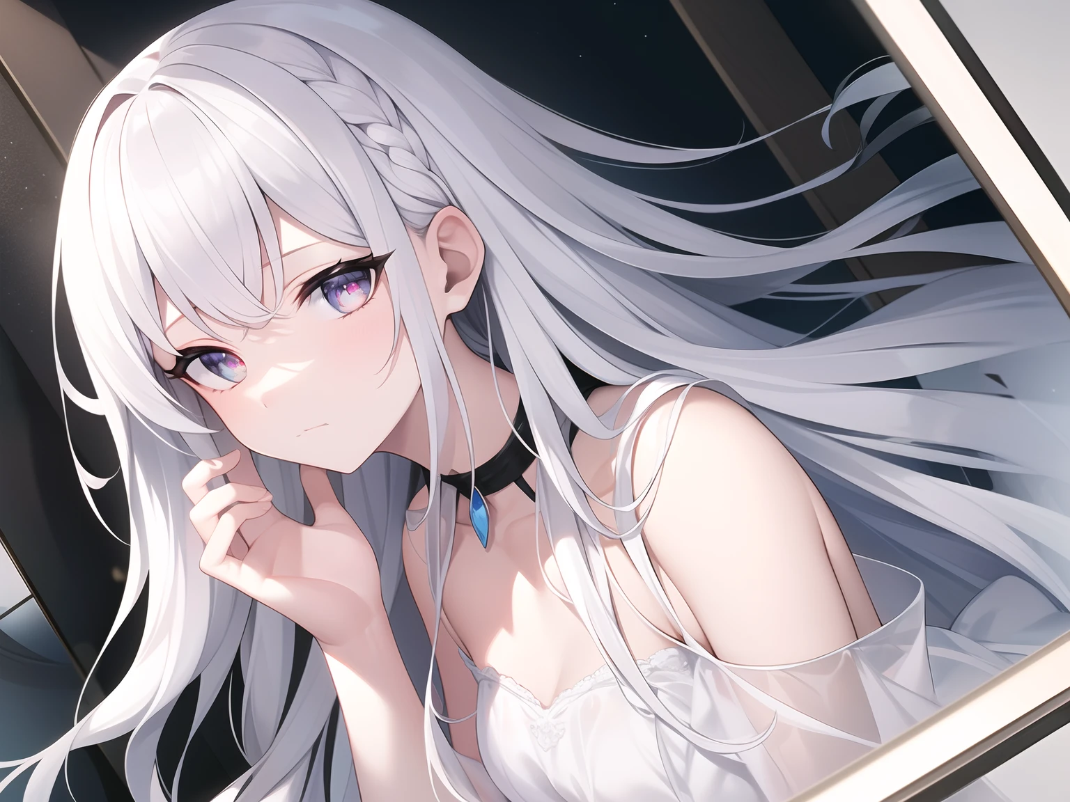 ((Masterpiece, Best quality))++, Detailed light+, Detail hair+, detail hand+ ,1girll, woman, Long hair, Crimson eyes, Beautiful eyes, Young gray hair,,(Beautiful white hair:1.5),(Beautiful detailed eyes), high resolution+, blacksilk , a black skirt, Glass tones, Reflective eyes, {{Angle}} , extremelydetailedwallpaper, Original, ,
