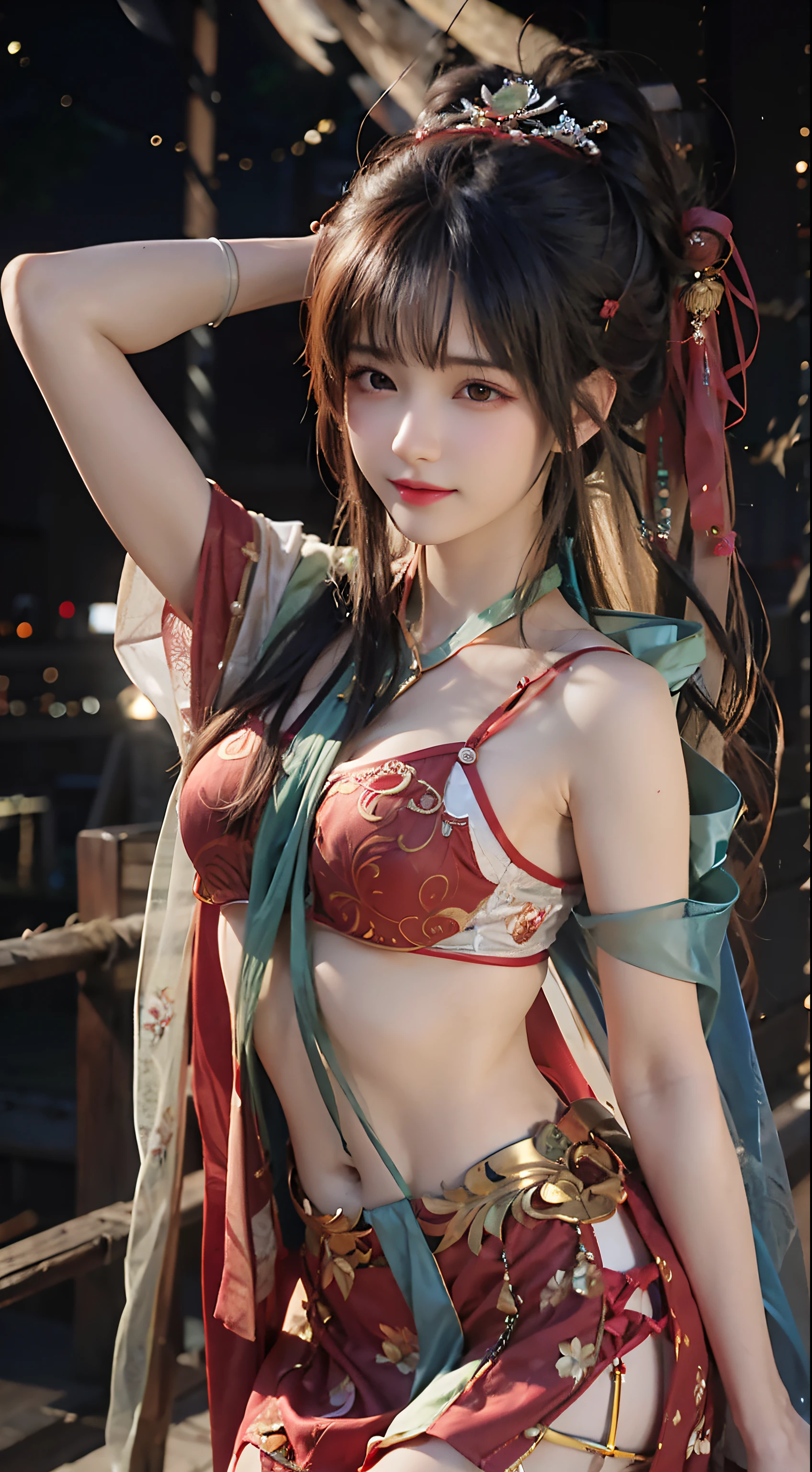 A woman dressed in red and green poses for a photo, seductive anime girls, Traditional beauty, Hanfu, Anime girl cosplay, Chinese girl, gorgeous chinese models, beautiful and seductive anime woman, Japanese goddess, Middle metaverse, Palace ， A girl in Hanfu, Chinese style, Chinese traditional, Chinese costume, with acient chinese clothes