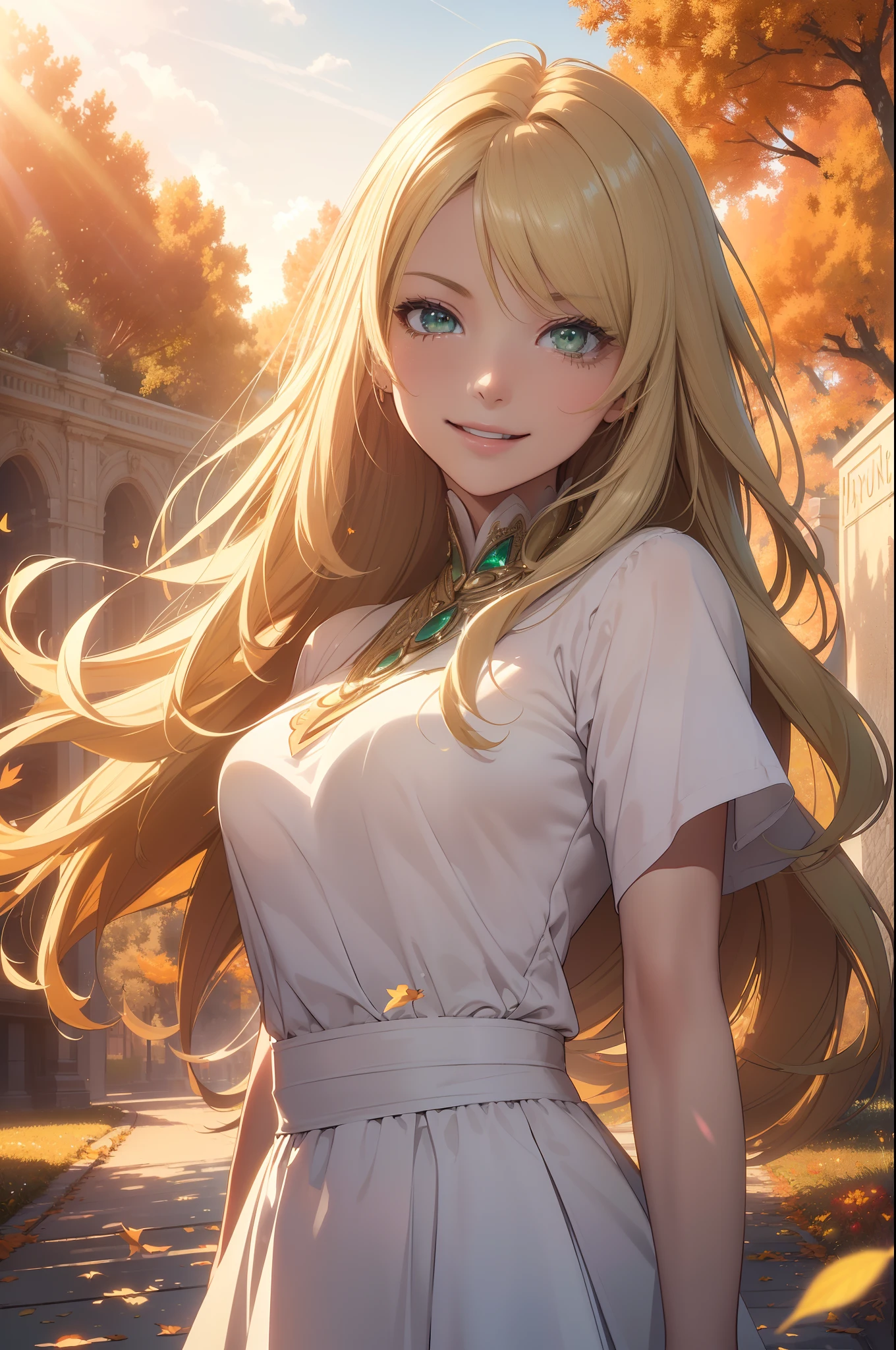 (Masterpiece), (best quality), (best movie poster:1.4),(Silhouette of a beautiful lady's head, happy smiling face, mouth open, looking to the sky, cloud girl, sun-set, upper body, colorful long straight hair, contemporary girl，(big green crystal eyes), (long platina blond shining softly waved waved hair), wearing casual casual white dress, (reasonable design, Clear lines, High sharpness,Best quality, Very detailed, Masterpiece, movie light effect, 4K ), autumn air, autumn flowers and leafs, autumn air, (3D), at Hyde park, colorful, sparkle and brilliant sun light ray dropping, happy,