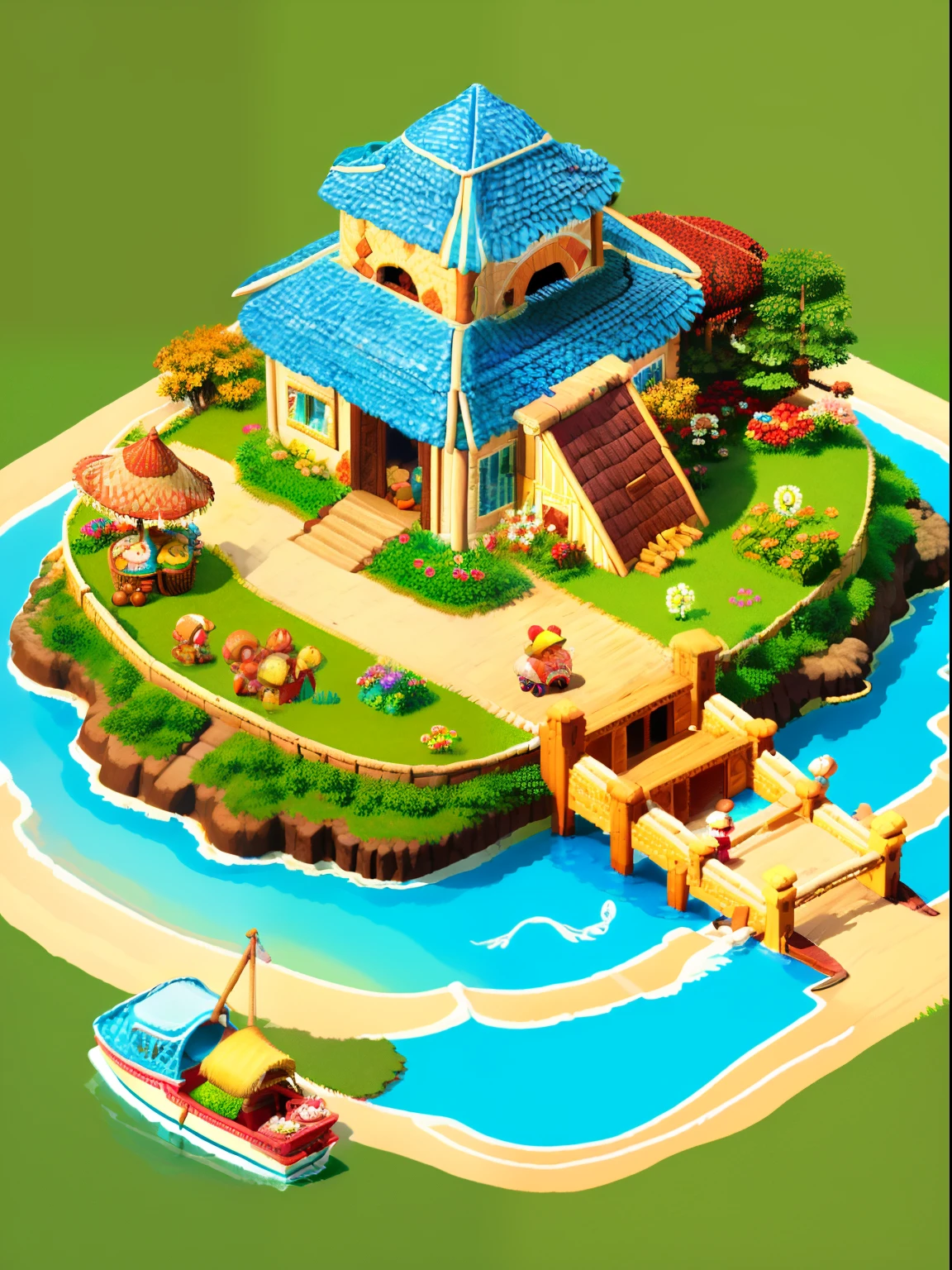 pixel game，（Pixel art：1.4），Q version《Little girl with teddy bear》，Straw Hat Hat，basket，Floral dress，Little red leather shoes，The tree，small bridge flowing water，small boats，Flowers and plants，（Mushroom hut：1.4），Cogumelos，isometry