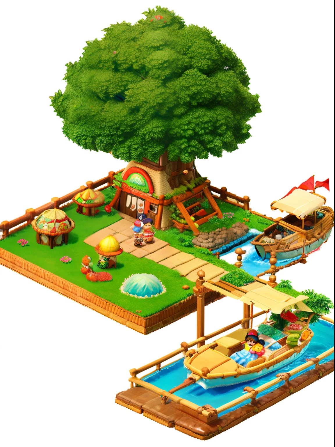 pixel game，（Pixel art：1.4），Q version《 girl with teddy bear》，Straw Hat Hat，basket，Floral dress，Little red leather shoes，The tree，small bridge flowing water，small boats，Flowers and plants，（Mushroom hut：1.4），Cogumelos，isometry