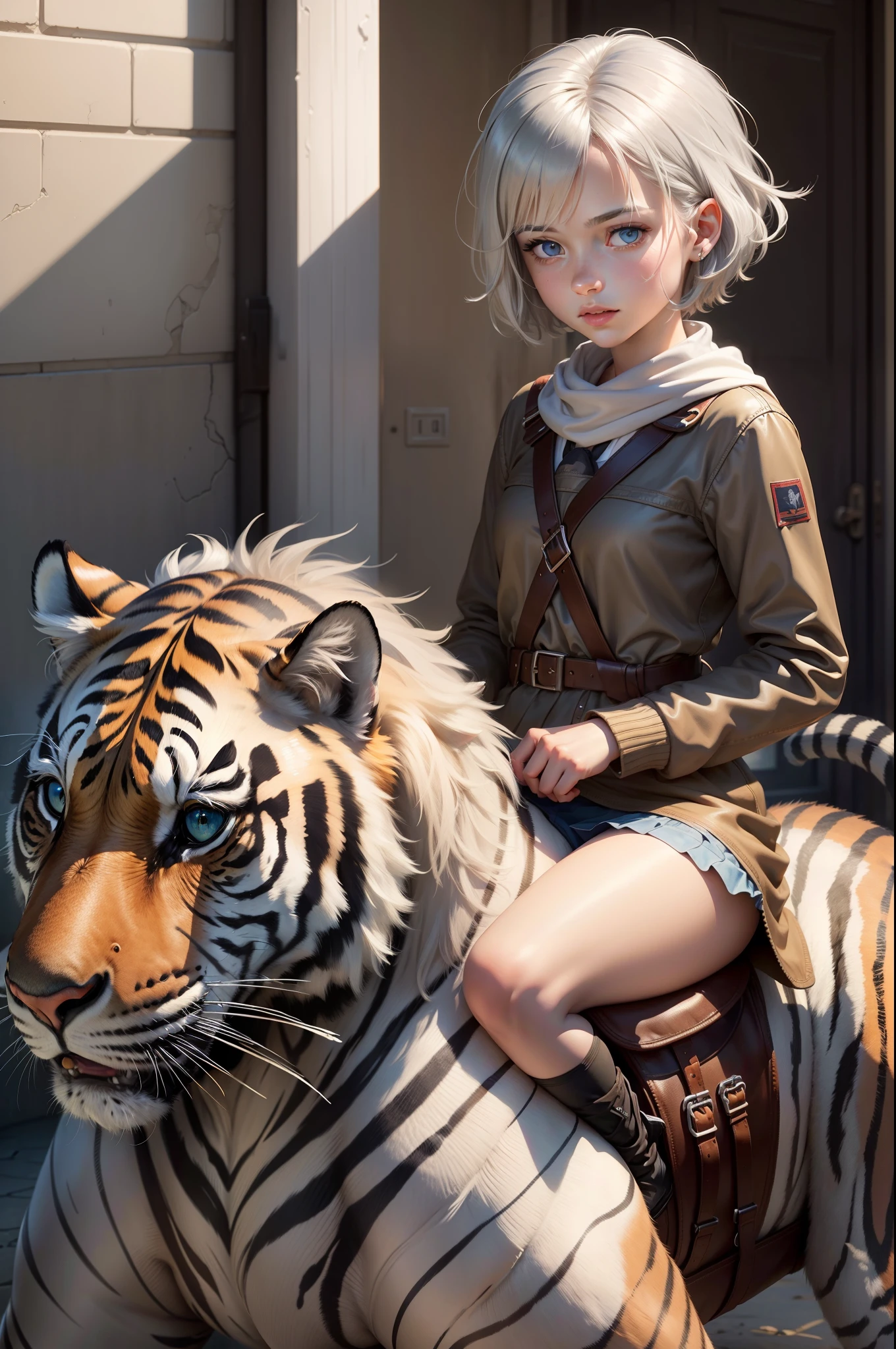 (Best quality, Masterpiece: 1.1), (Realistic: 1.4), Girl in JK，Riding on a tiger, God Ray ,age uncensored, Silver short bob hair, Blue eyes, Going to school