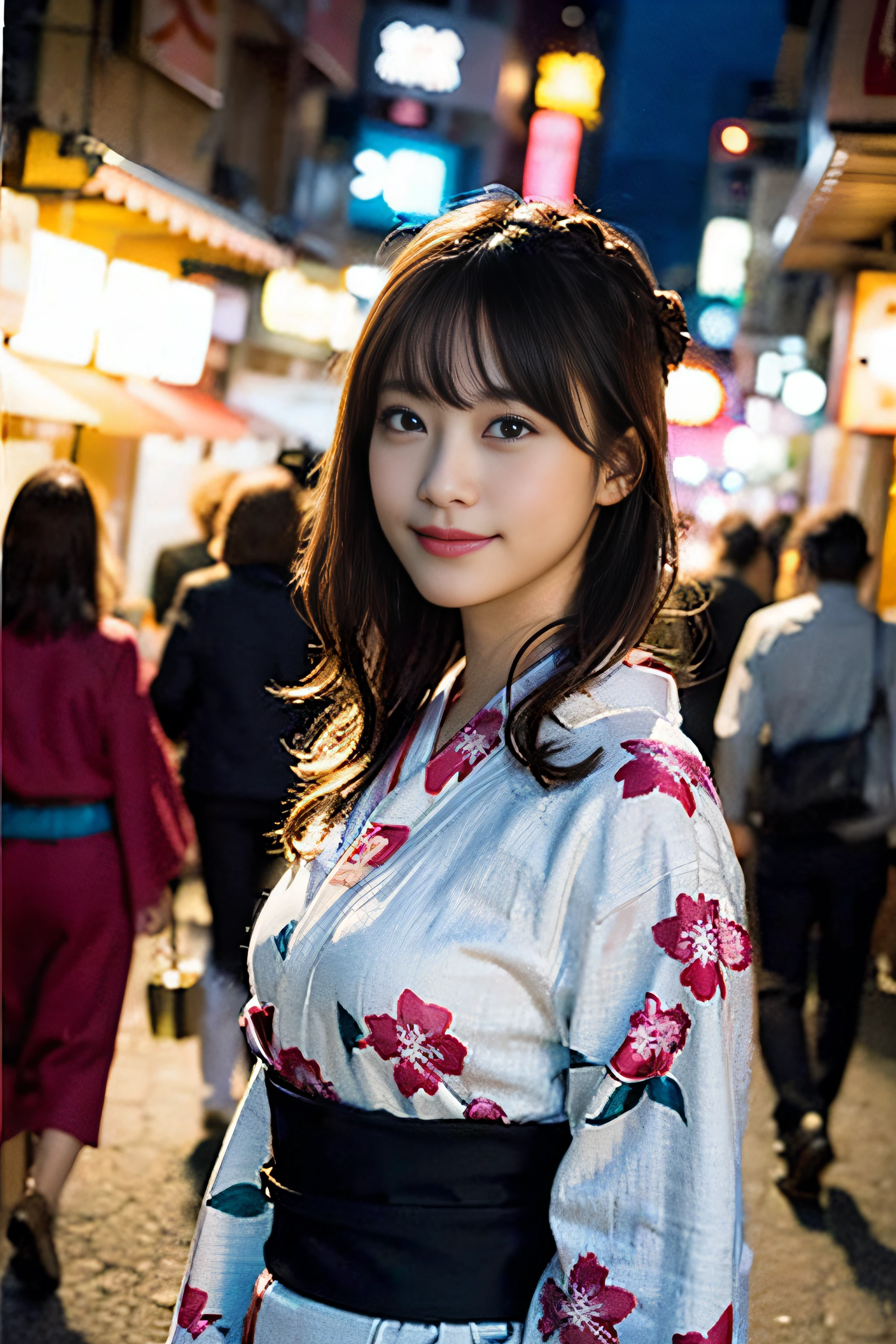 (8K、Raw photography、top-quality、​masterpiece:1.2)、(realisitic、Photorealsitic:1.37)、ultra-detailliert、超A high resolution、女の子1人、see the beholder、beautifull detailed face、A smile、Constriction、(Slim waist) :1.3)、Beautiful detailed skin、Skin Texture、Floating hair、Professional Lighting、Whole human body、Longhaire、a blond、Japan floral yukata、matsuri、In the street、sparklers、Bob Hair,Background of the fireworks display