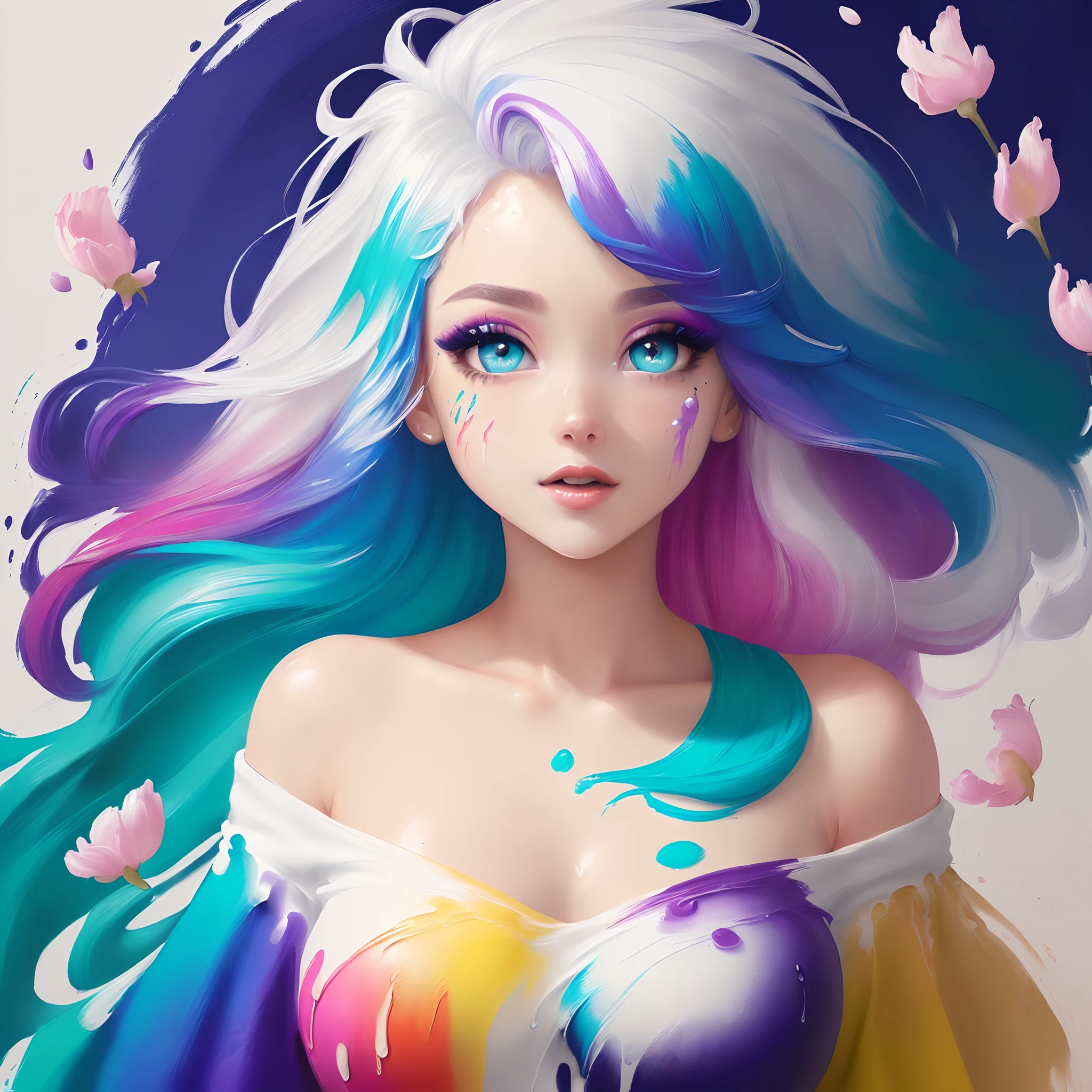 （Pink Fashion T-shirt：1.9），(Colorful hair: 1.8), (all the colours of the rainbow: 1.8),(((((vertical painting：1.6))), （painting：1.6），front, comics, illustrations, paintings, large eyes, crystal clear eyes,（ rainbow color gradient high ponytail：1.7）, exquisite makeup, closed mouth,(Small Fresh: 1.5),(Wipe Chest: 1.6) ，long eyelashes, white off shoulder T-shirt,  White Shoulder Shirt，looking at the audience, large watery eyes, (rainbow colored hair：1.6), color splash, （solo：1.8）, color splash, color explosion, thick paint style, messy lines, ((shining))，(colorful), (colorful), (colorful), colorful, Thick Paint Style, (Splash) (Color Splash), Vertical Painting, Upper Body, Paint Splash, Acrylic Pigment, Gradient, Paint, Highest Image Quality, Highest Quality, Masterpiece, Solo, Depth of Field, Face Paint,  colorful clothes, (Elegant: 1.2), gorgeous,long hair, wind, (Elegant: 1.3), (Petals: 1.4)，(((masterpiece))),(((best quality))),((ultra-detailed)),(illustration),(dynamic angle),((floating)),(paint),((disheveled hair)),(solo),(1girl) , (((detailed anima face))),((beautiful detailed face)),collar,bare shoulders,white hair, ((colorful hair)),((streaked hair)),beautiful detailed eyes,(Gradient color eyes),(((colorful eyes))),(((colorful background))),(((high saturation))),(((surrounded by colorful splashes))),