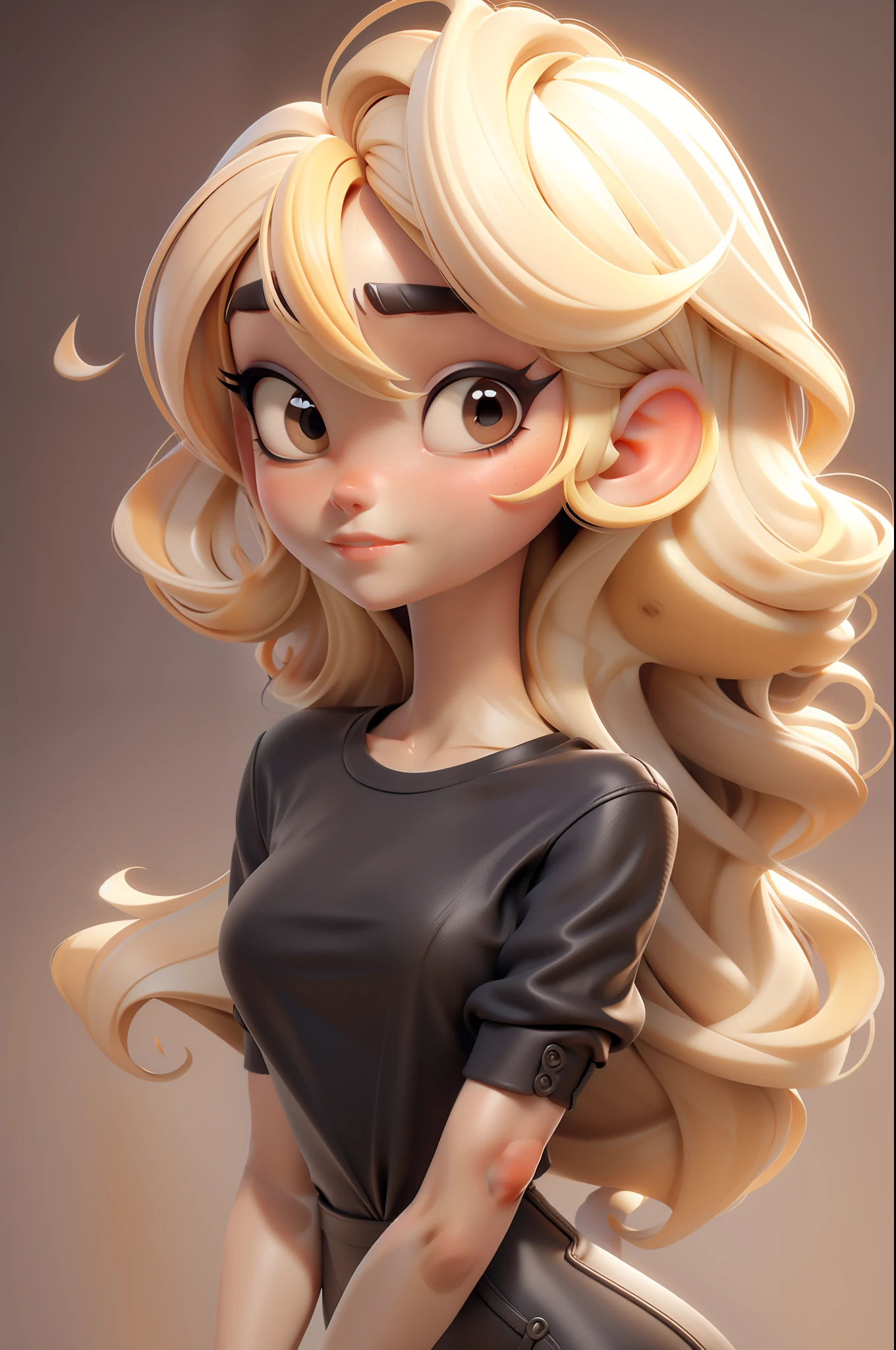 Personagem. De corpo inteiro, rosto estilo 3D, meiga e delicada, com cabelos longos coloridos,chocolate,blonde hair,black t-shirt