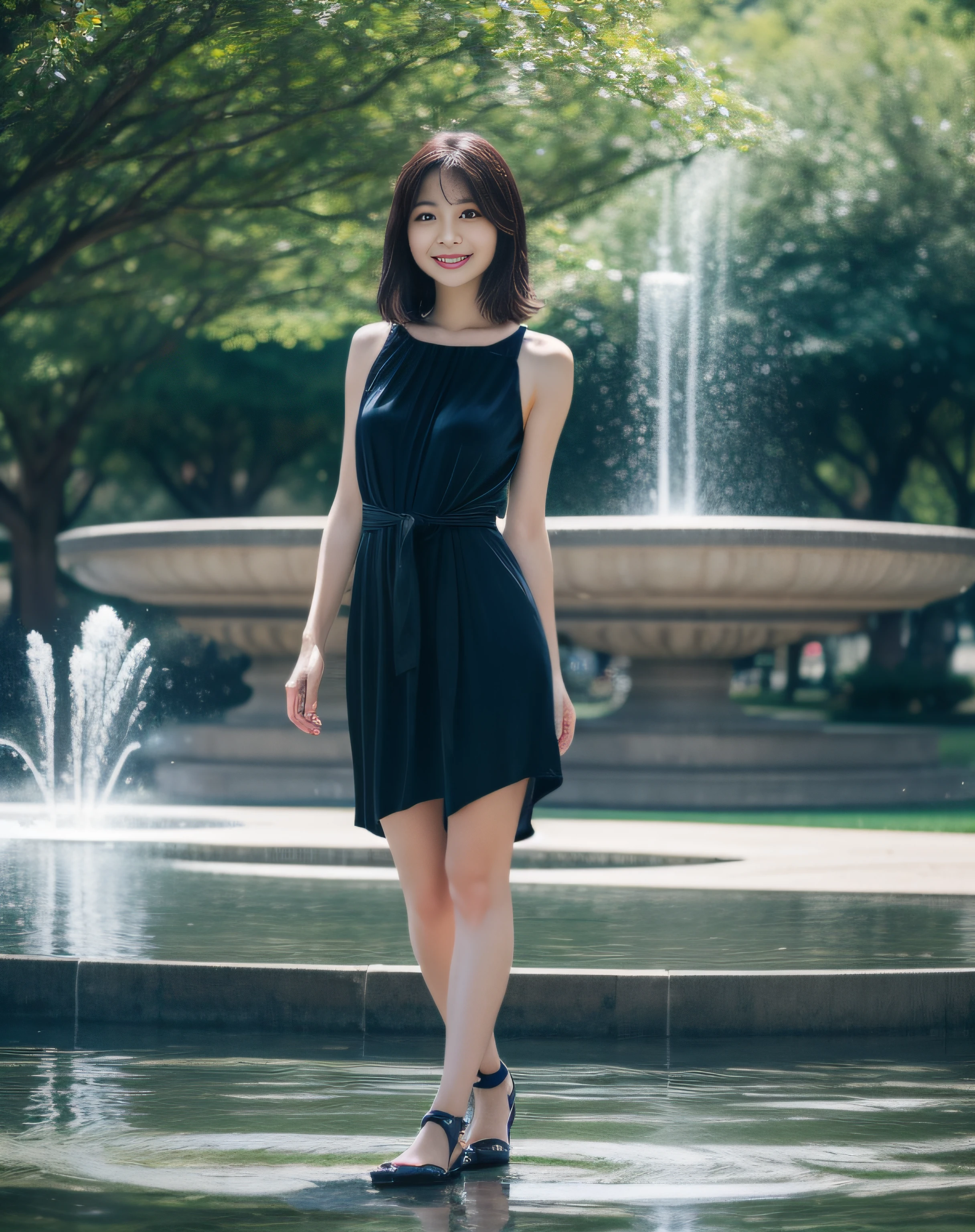 ((best quality, 8K, masterpiece: 1.3)), beautiful girl, pure, melon face, kind and cute, sweet smile, pure desire, slender body, (front), (tilted head), ((looking at camera) ), wearing a navy blue very short dress, black silky midium hair, long flowing shoulders, round black big eyes, clear big eyes, moist red lips, sweet, standing on front of the fountain, park background , ((((whole body)))),